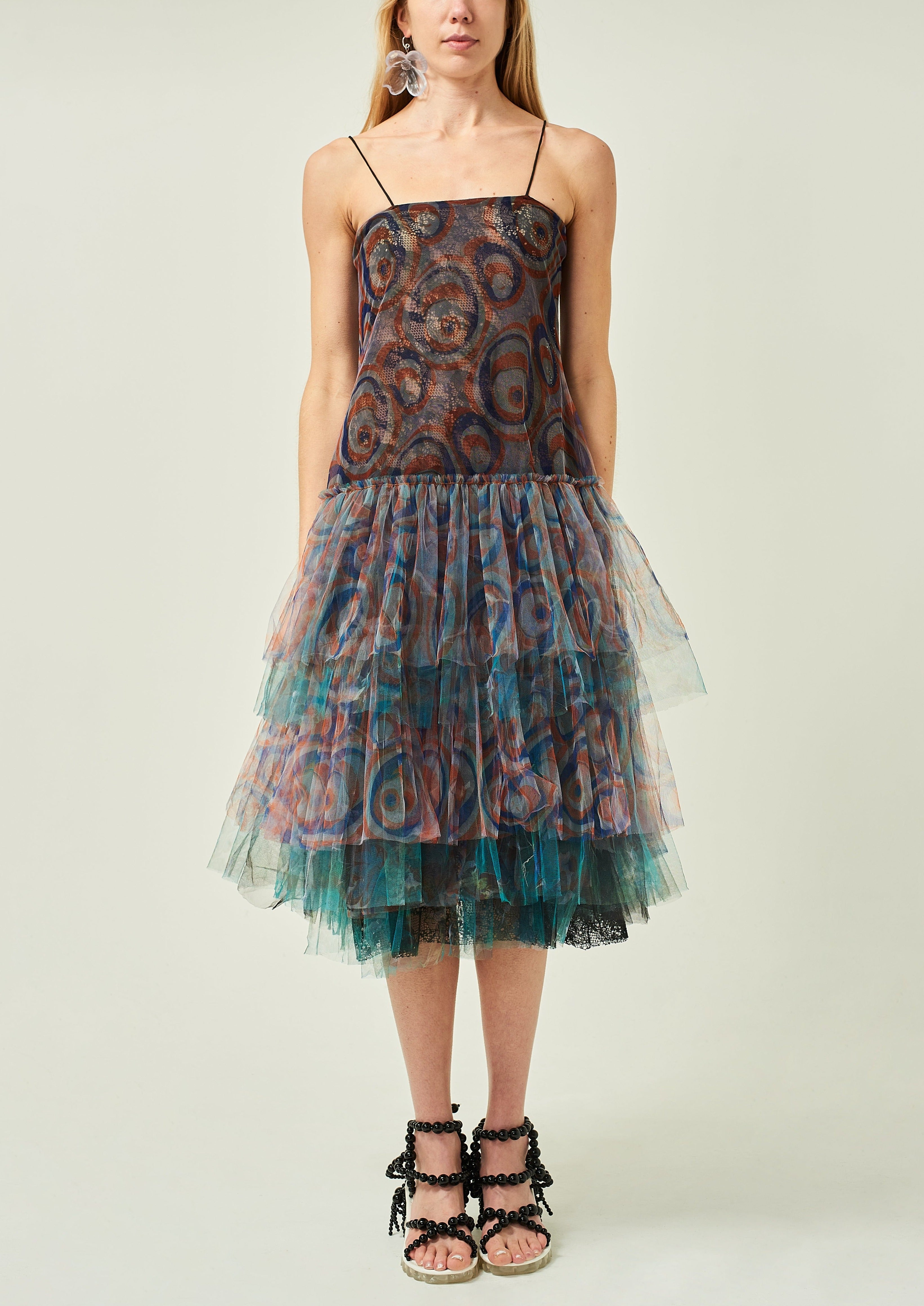 WOMEN SLEEVELESS MIDI NAVY PASTEL PRINTED FRILL DRESS