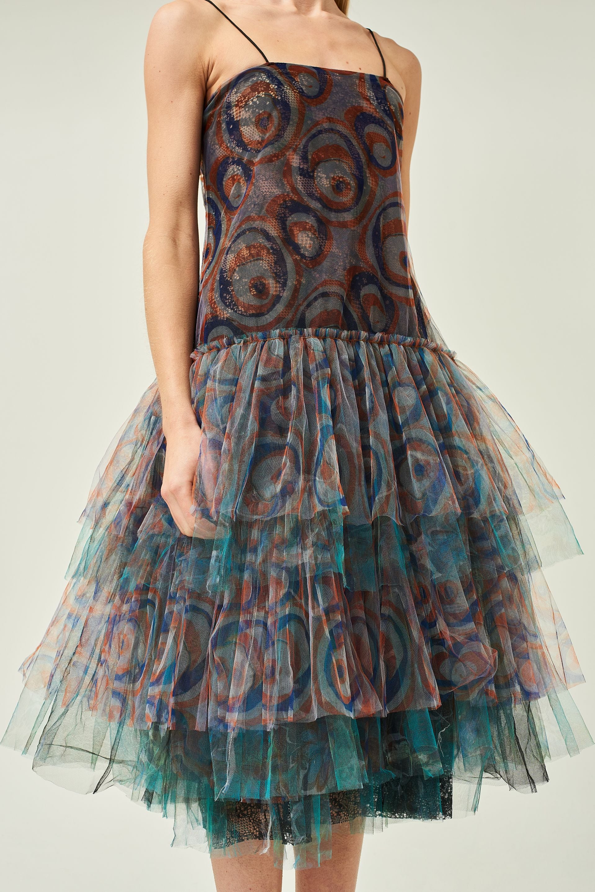WOMEN SLEEVELESS MIDI NAVY PASTEL PRINTED FRILL DRESS
