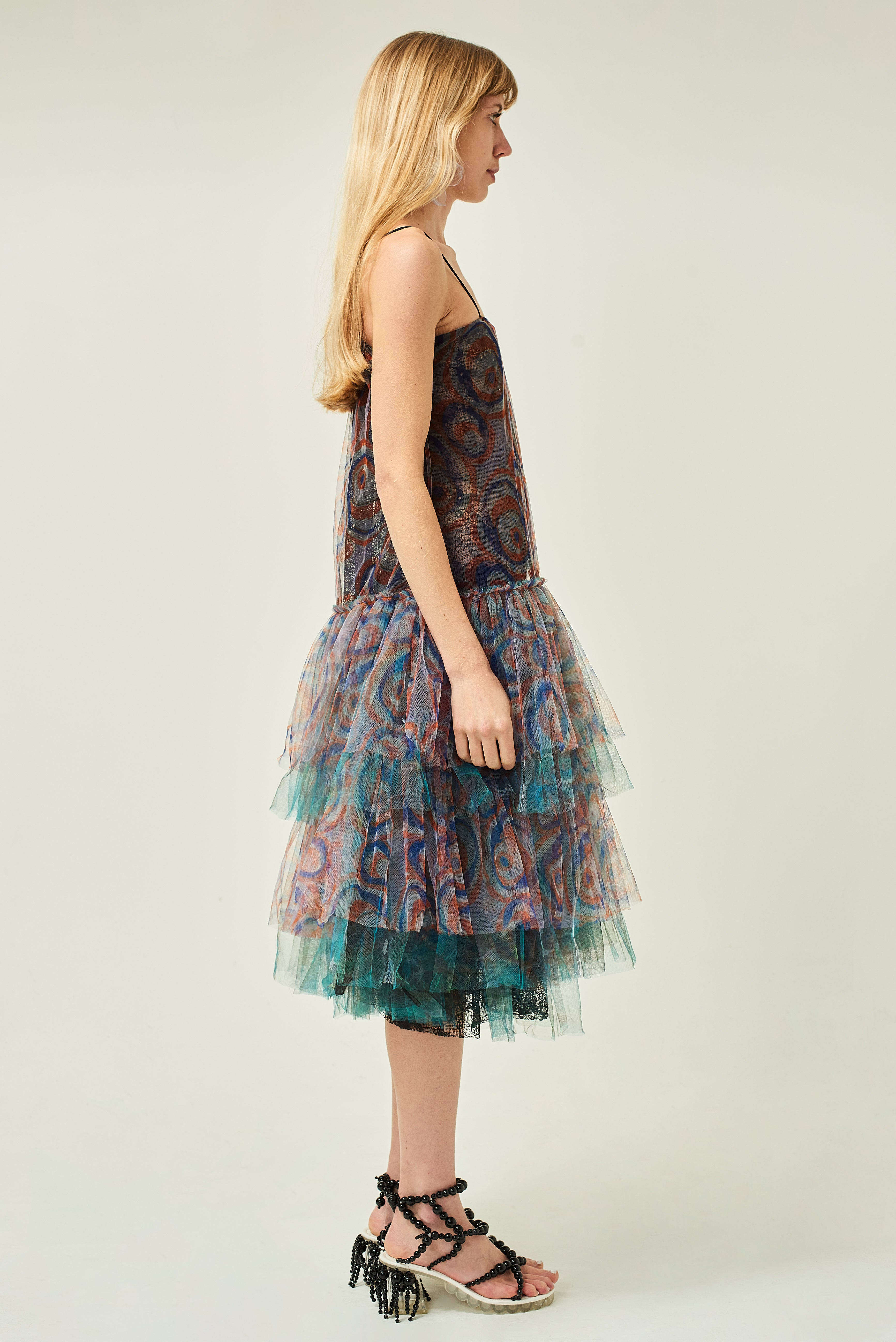 WOMEN SLEEVELESS MIDI NAVY PASTEL PRINTED FRILL DRESS