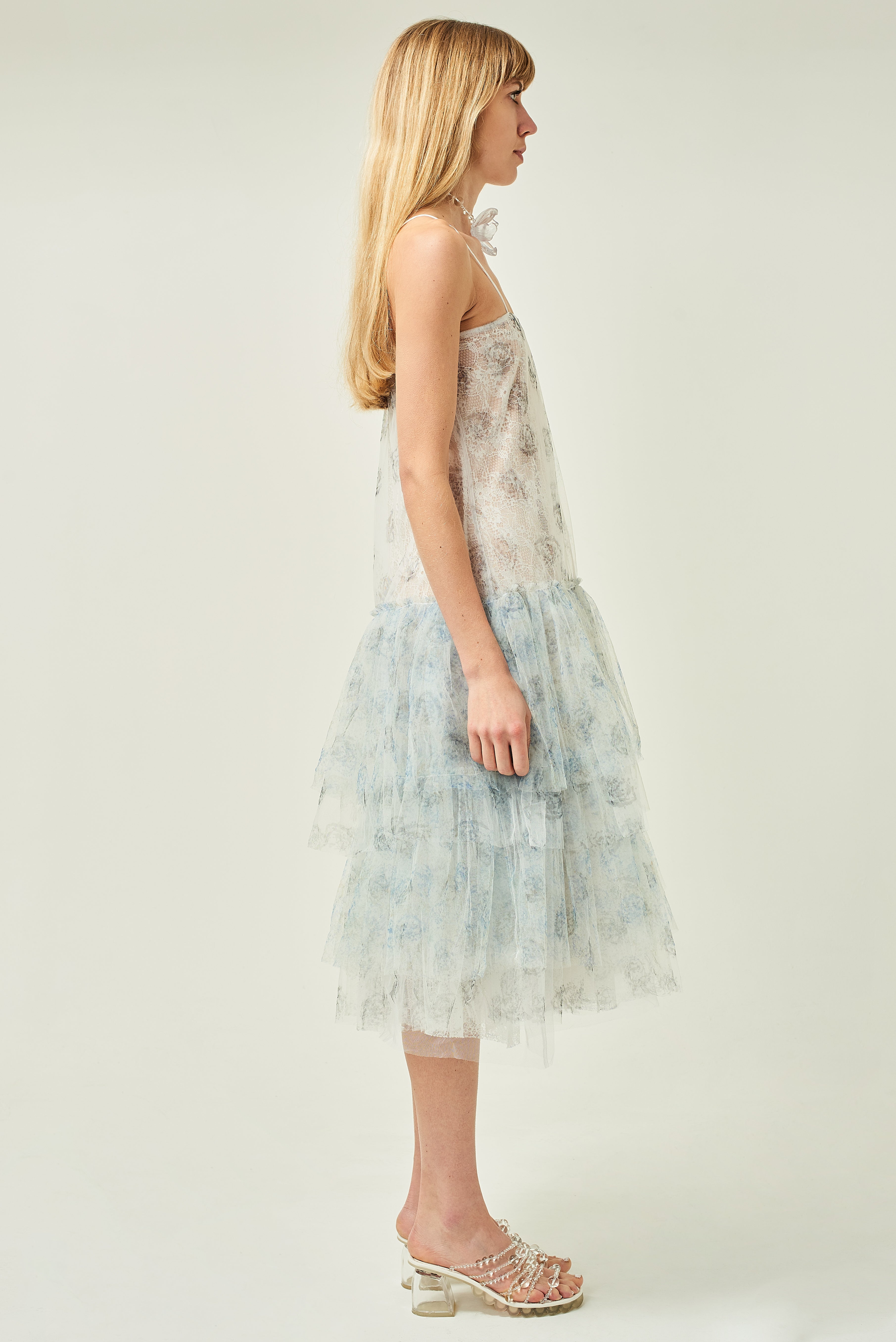 WOMEN SLEEVELESS MIDI WHITE PASTEL PRINTED FRILL DRESS