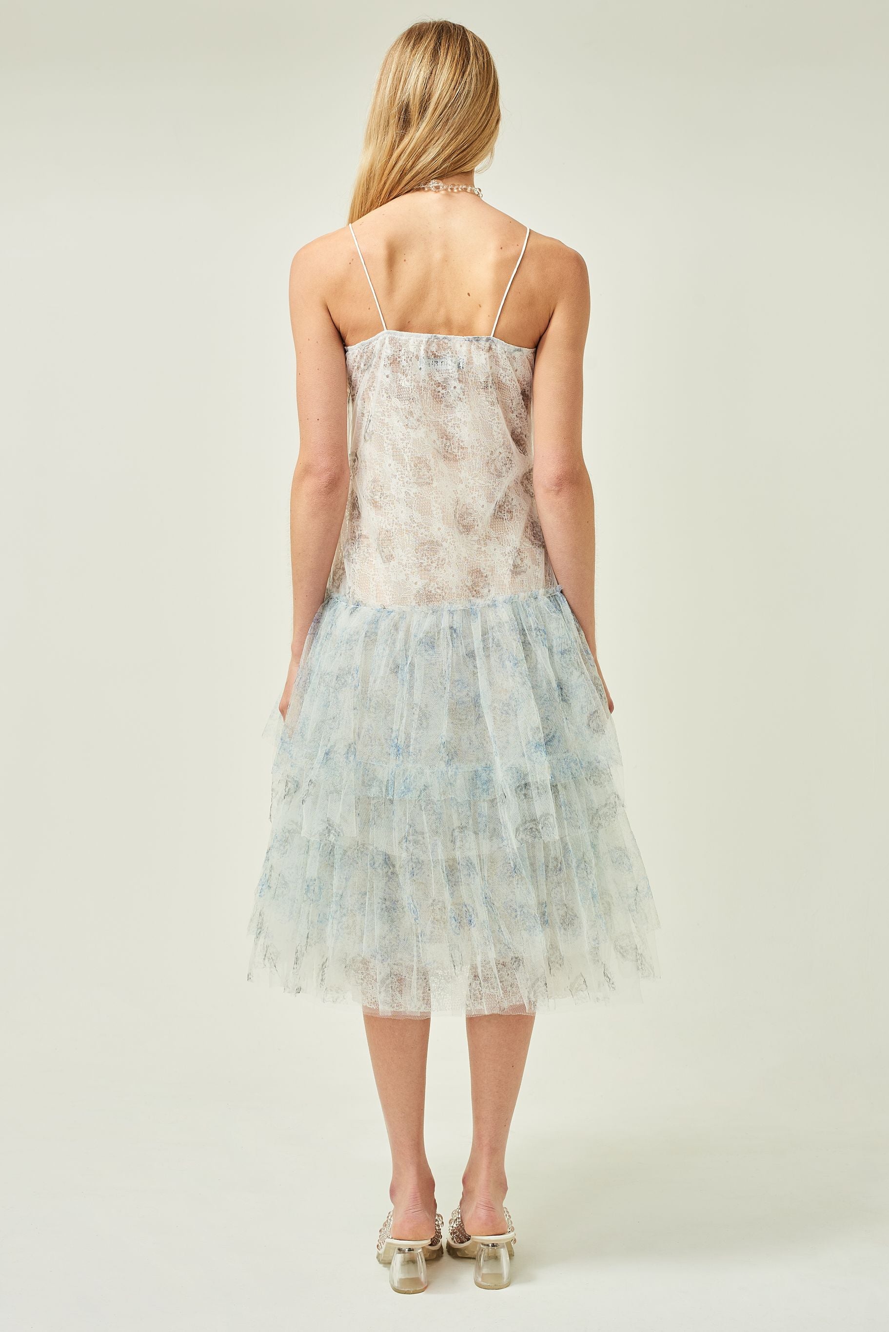 WOMEN STYLE SLEEVELESS PRINTED MIDI FRILL DRESS WHITE