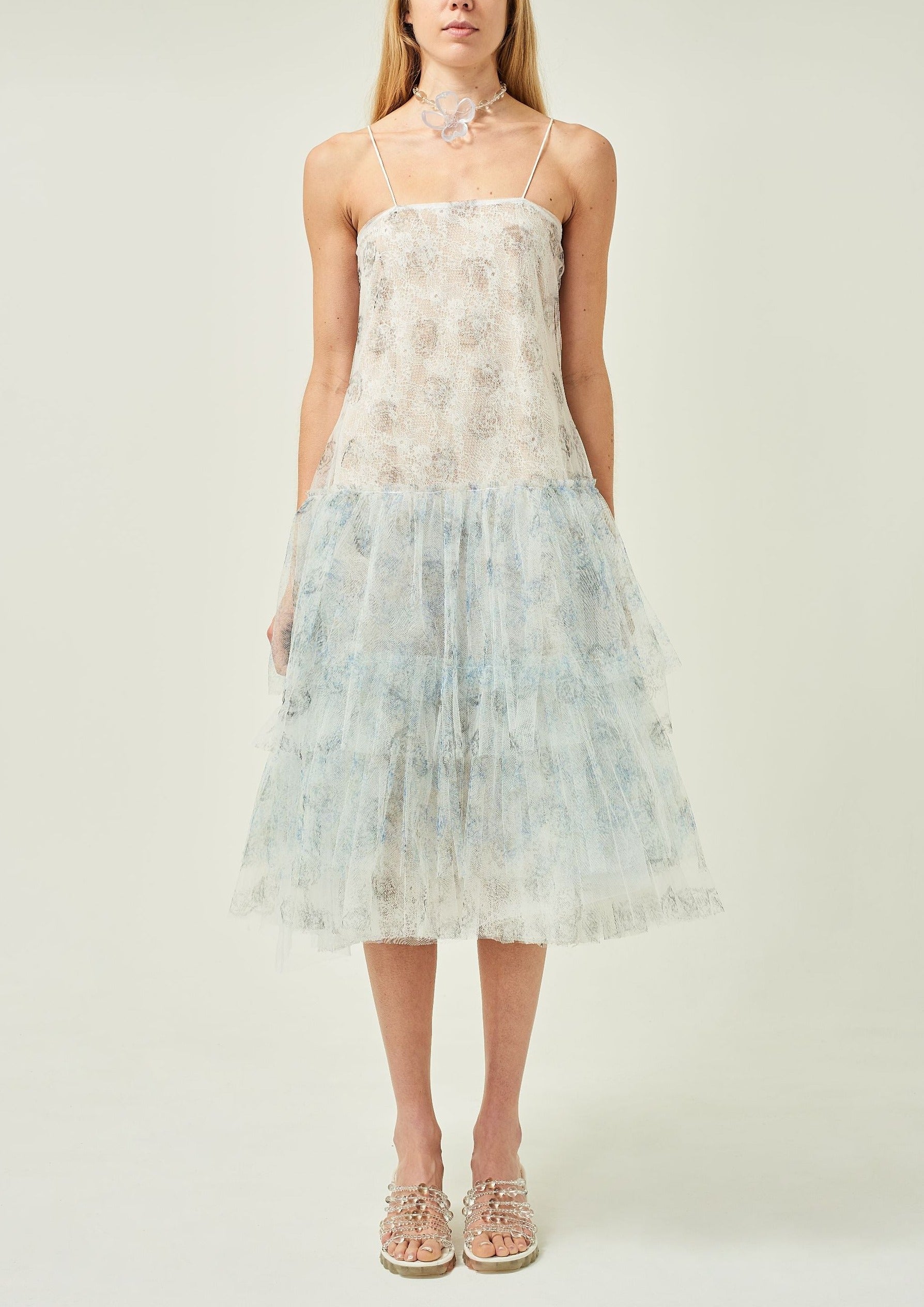 WOMEN STYLE SLEEVELESS PRINTED MIDI FRILL DRESS WHITE