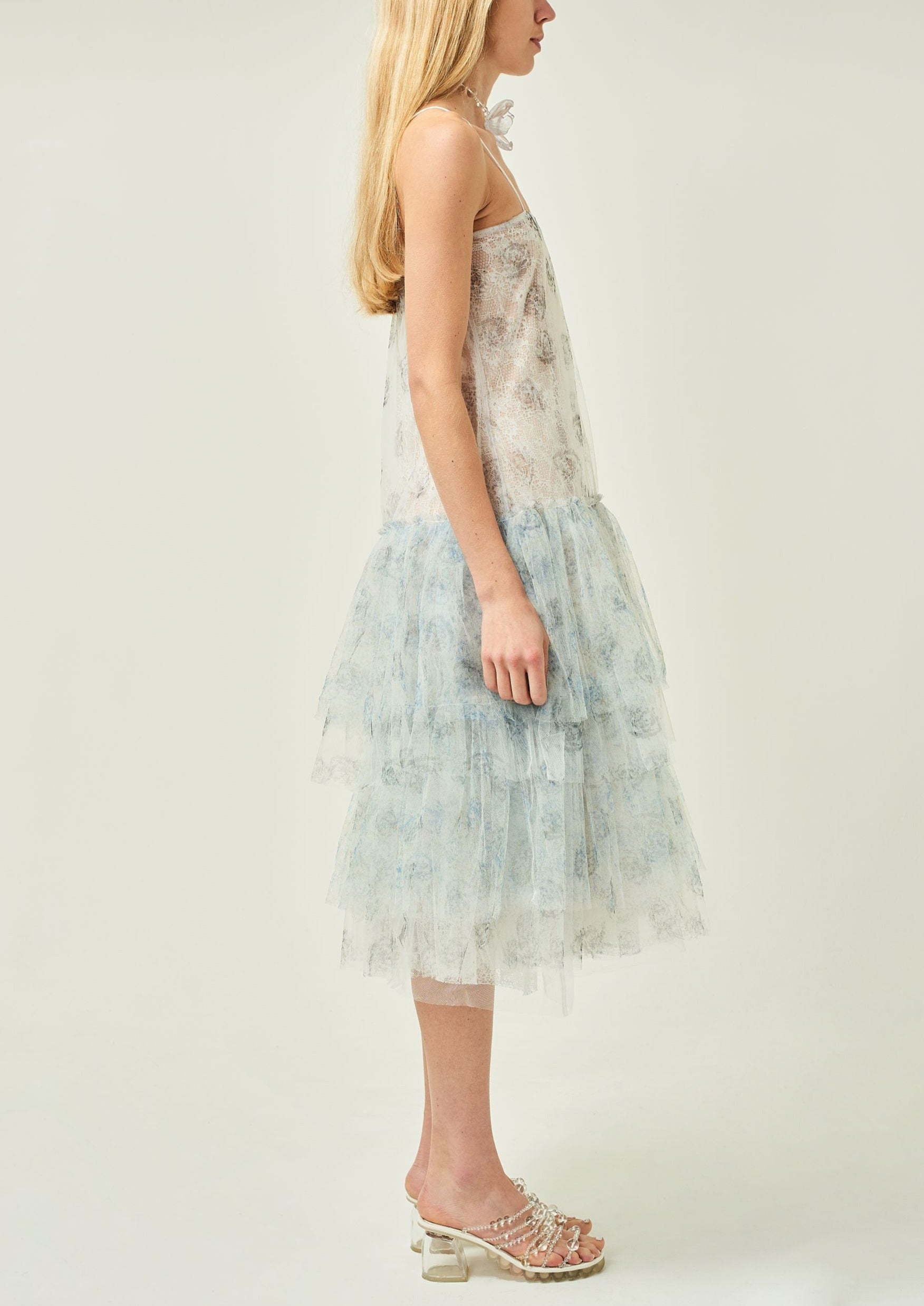 WOMEN STYLE SLEEVELESS PRINTED MIDI FRILL DRESS WHITE