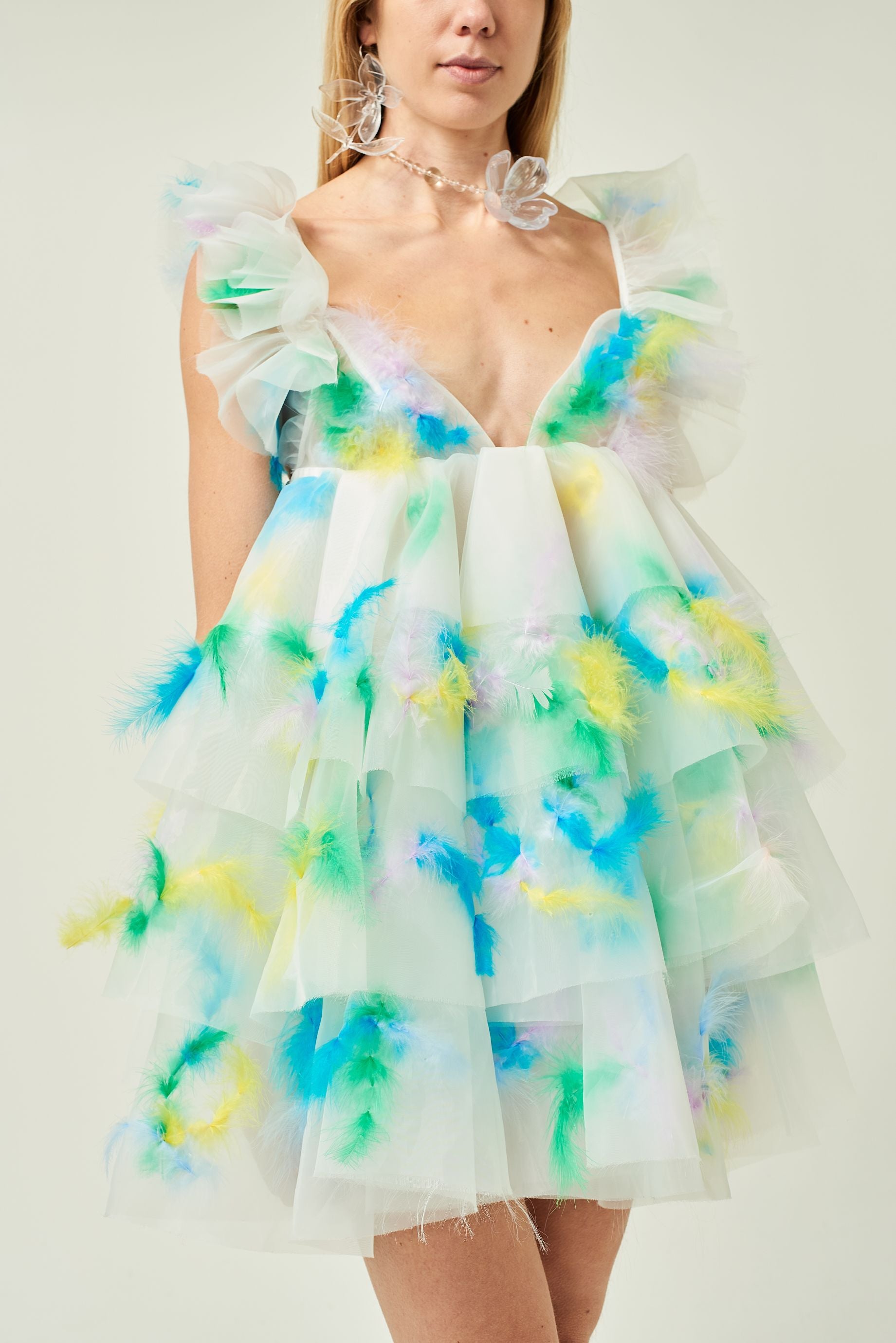 WOMEN STYLE RUFFLE FEATHER ORGANZA DRESS WHITE