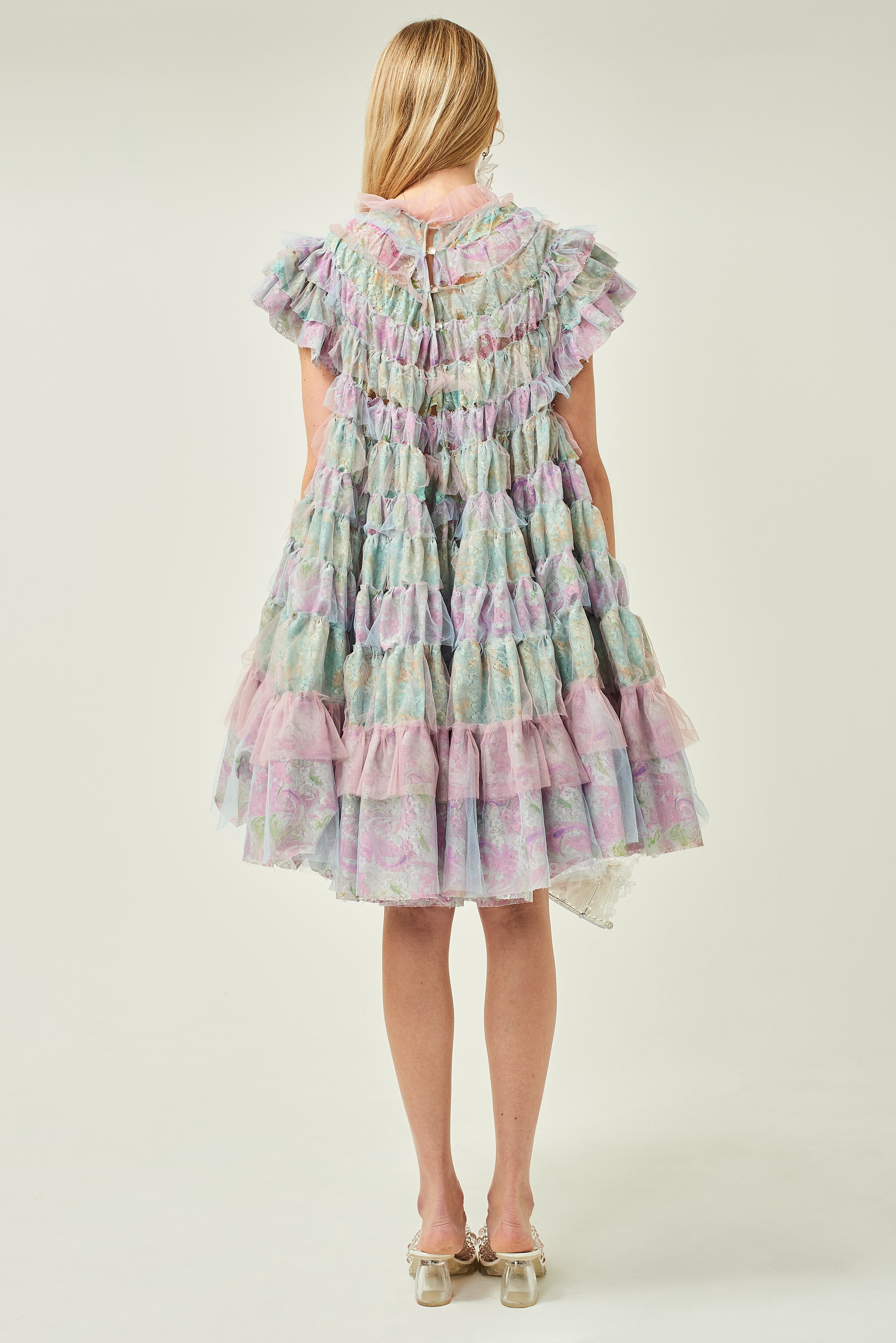 WOMEN PASTEL STYLE RUFFLE TIERED PRINTED LACE DRESS