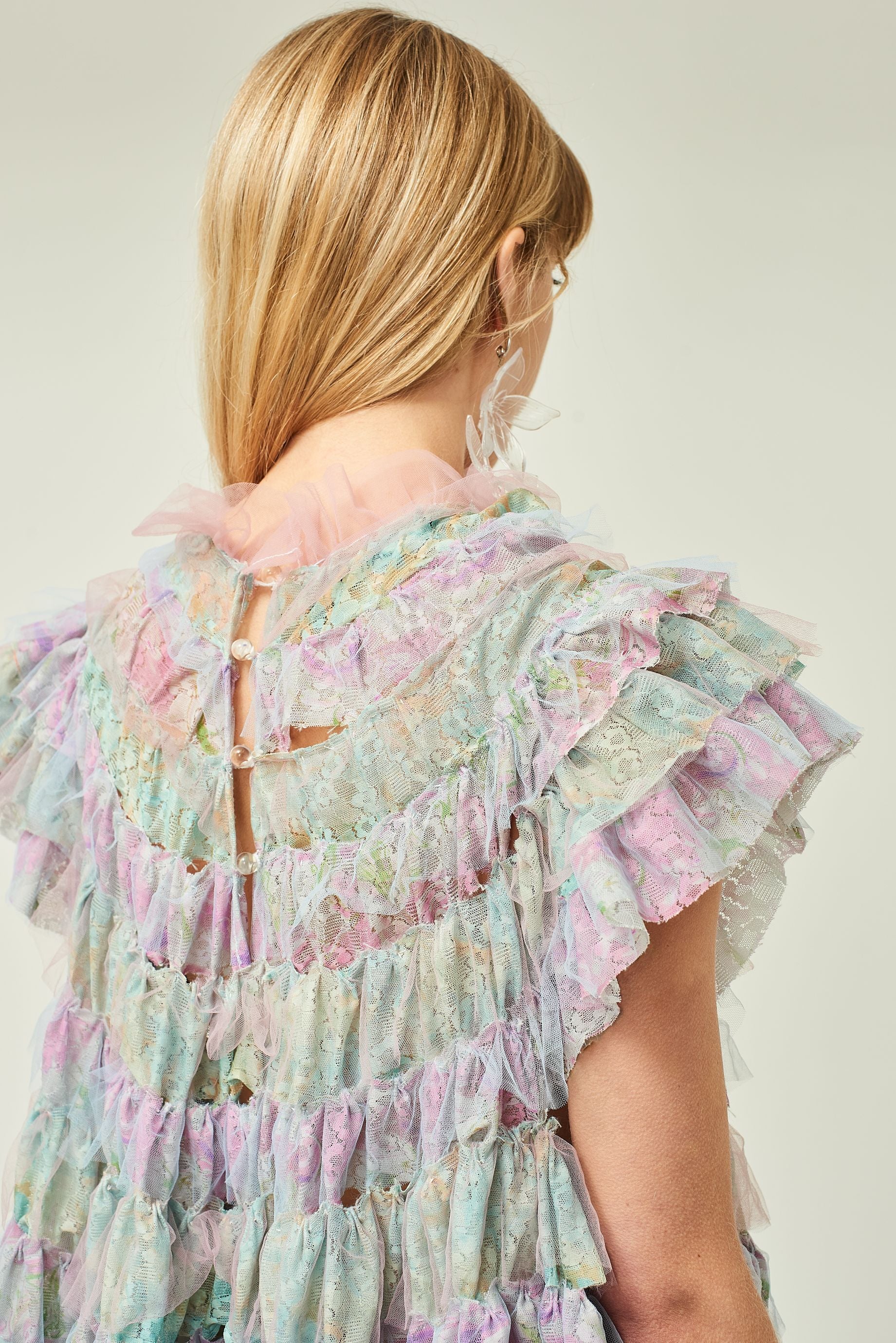 WOMEN PASTEL STYLE RUFFLE TIERED PRINTED LACE DRESS
