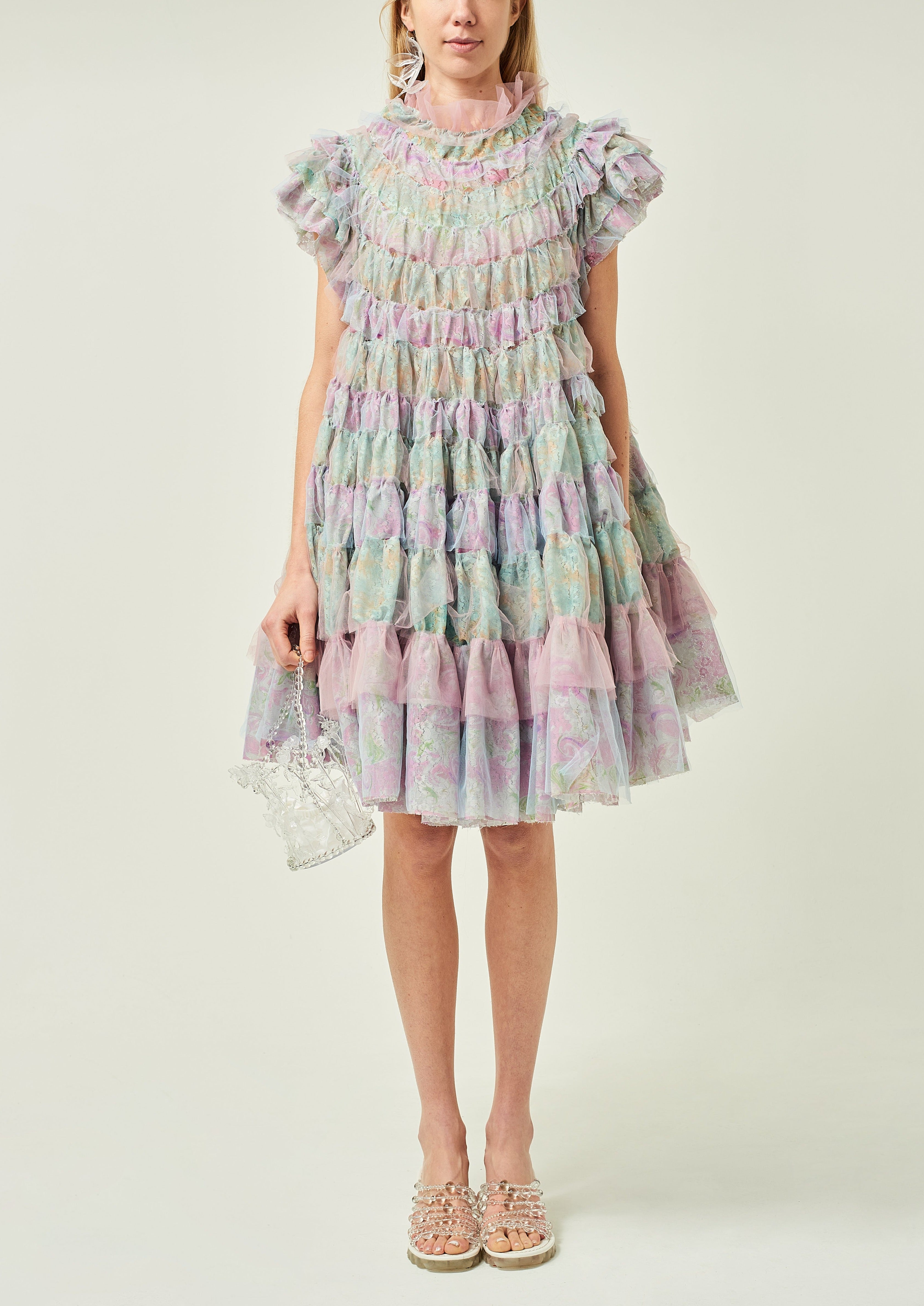WOMEN PASTEL STYLE RUFFLE TIERED PRINTED LACE DRESS