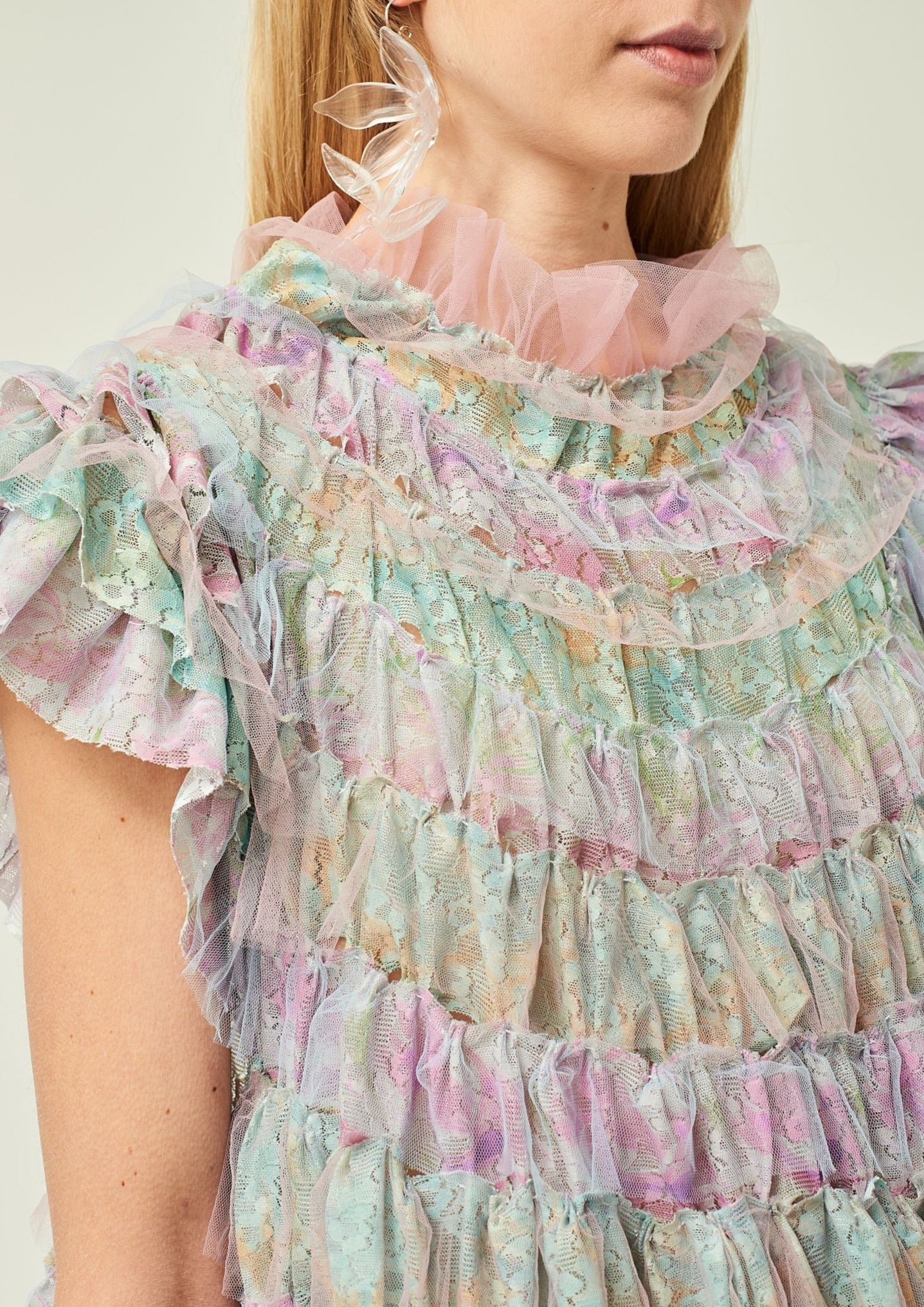 WOMEN PASTEL STYLE RUFFLE TIERED PRINTED LACE DRESS