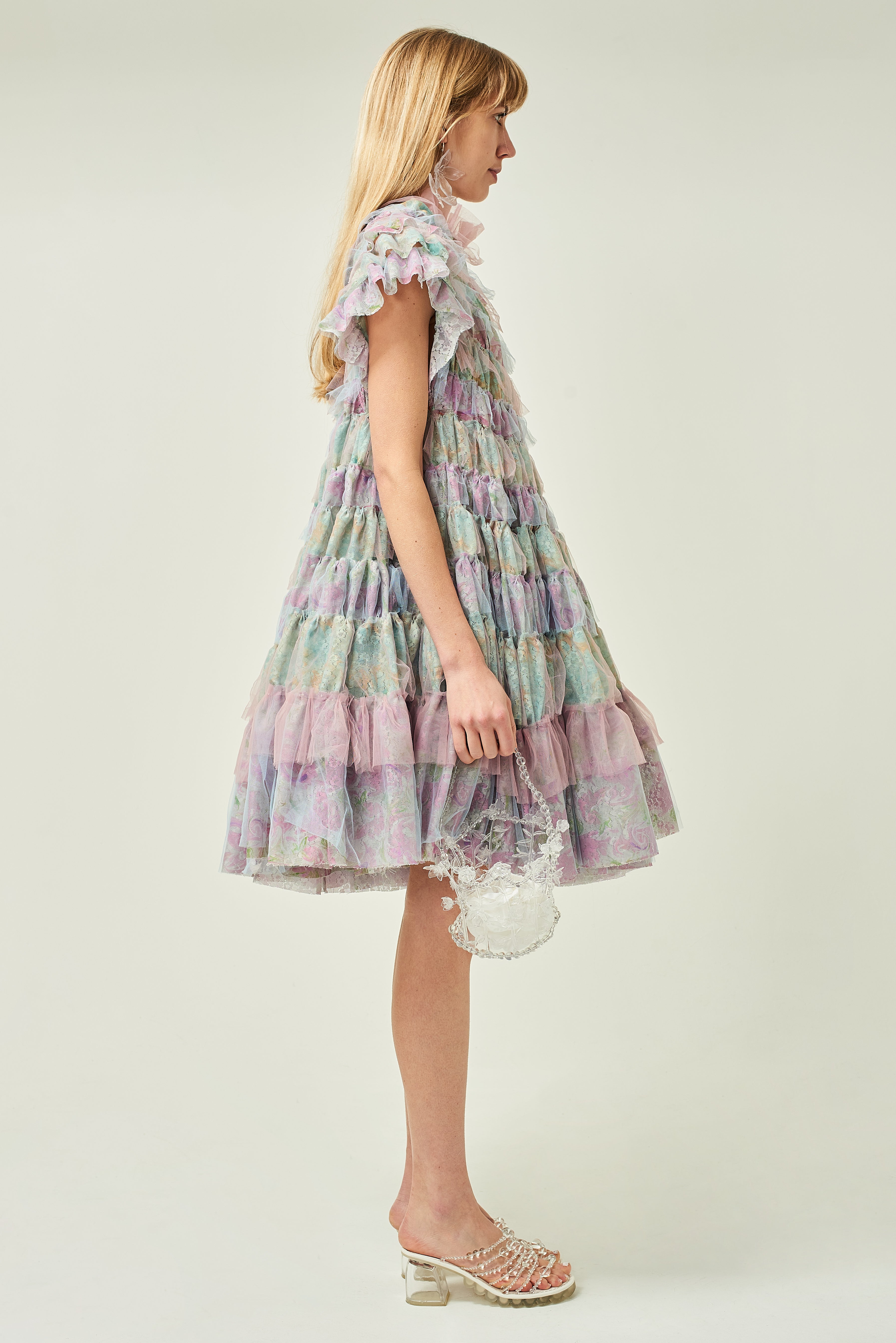 WOMEN PASTEL STYLE RUFFLE TIERED PRINTED LACE DRESS