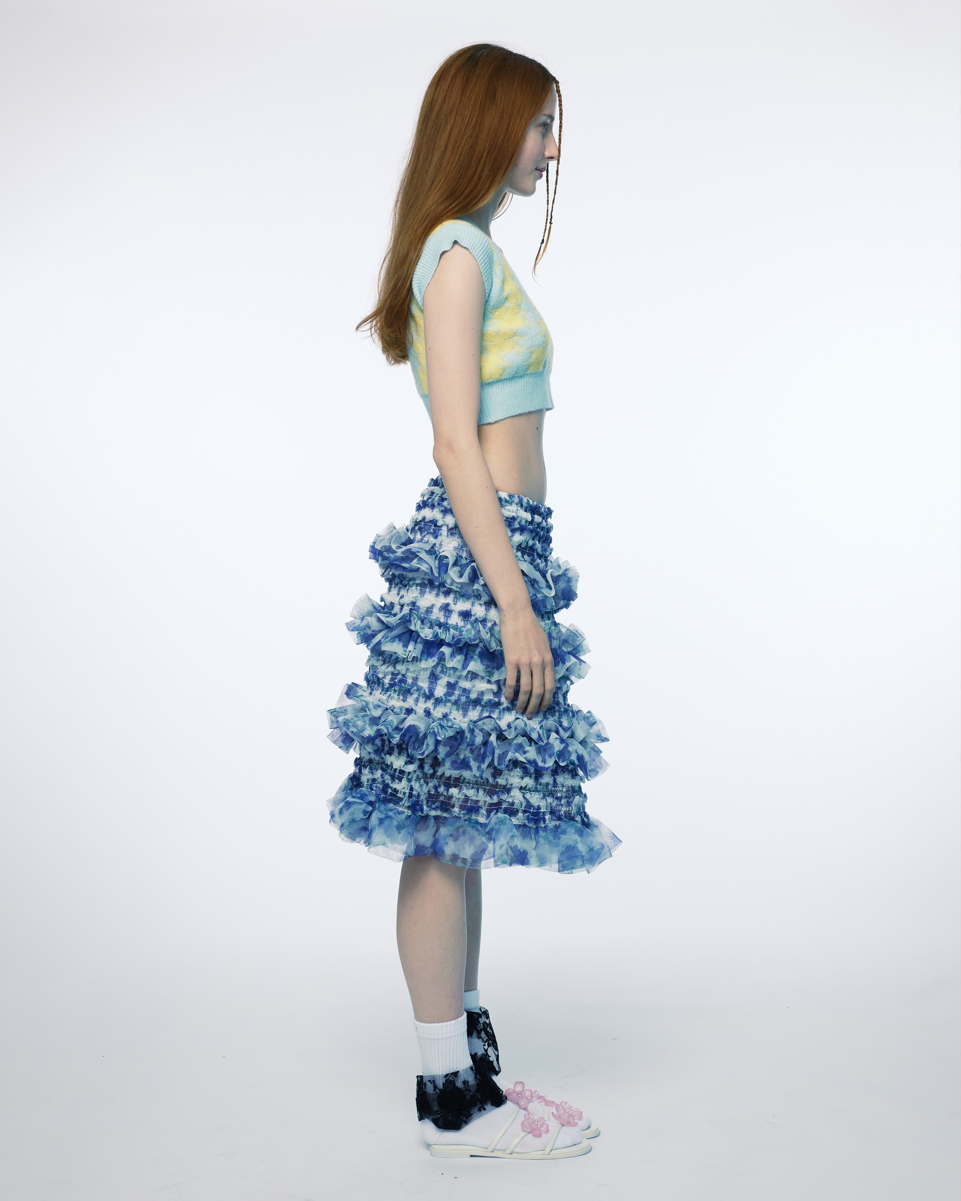 SHIRRED TIERED RUFFLE SHEER MIDI SKIRT