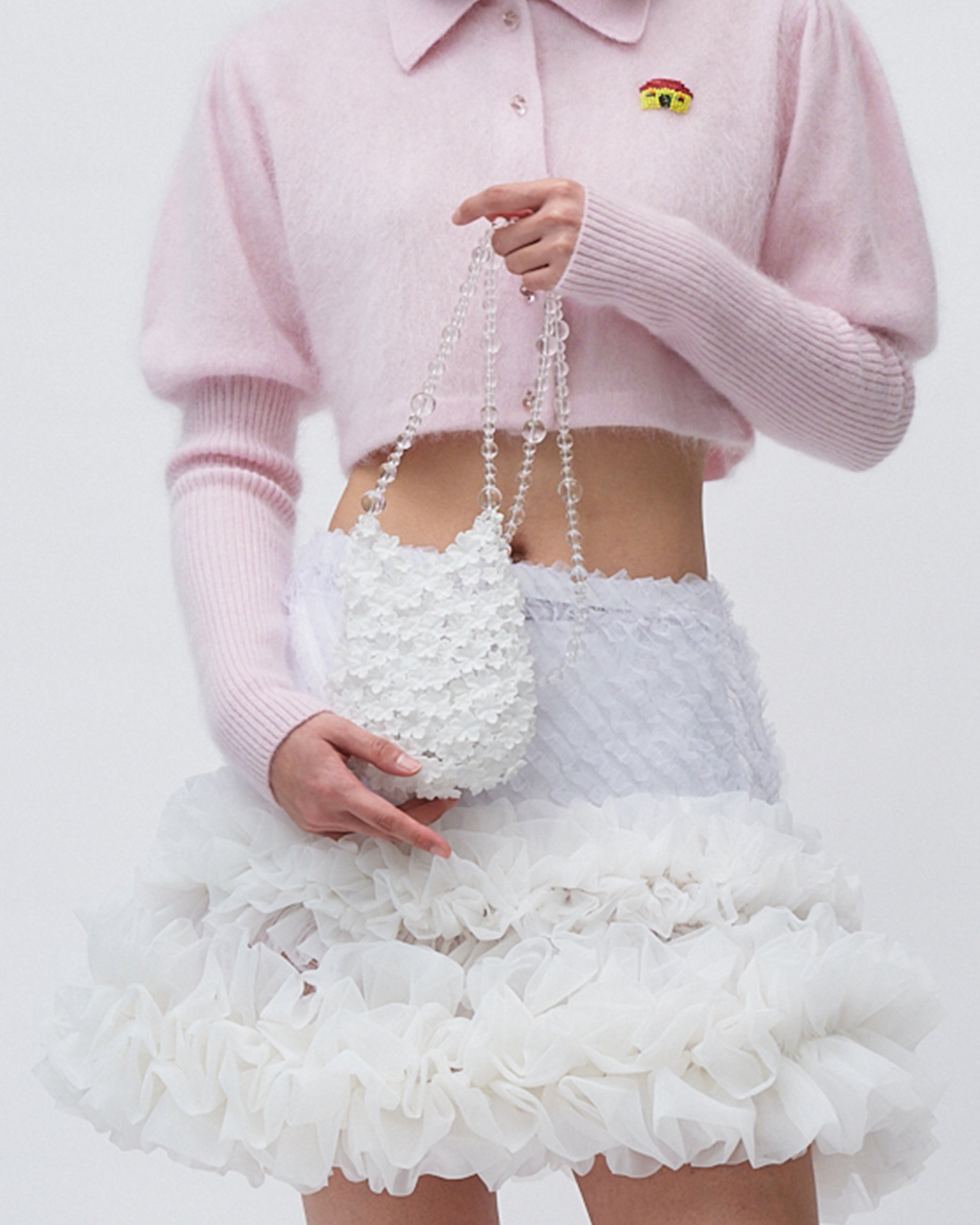 WHITE 3D PRINTED CROSSBODY BAG FLOWER BEADED STRAP MINI BAG