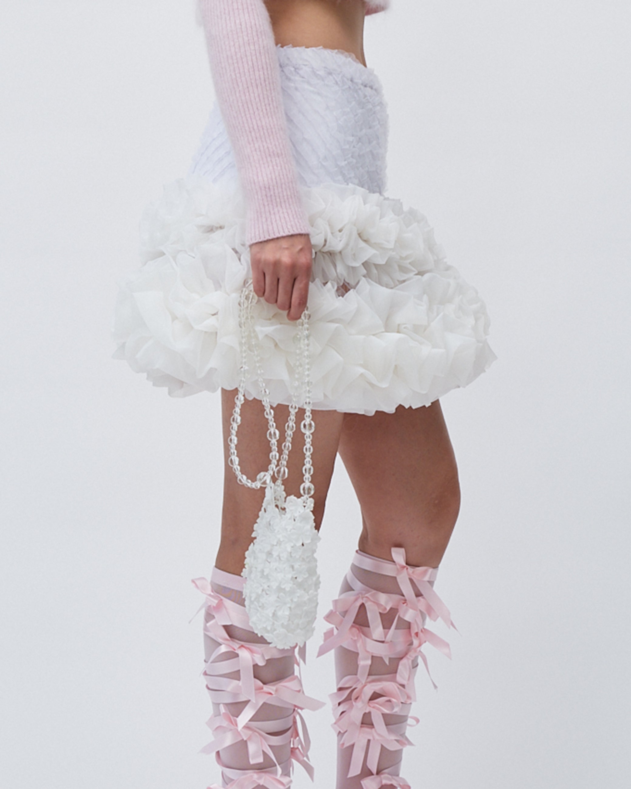 WHITE 3D PRINTED CROSSBODY BAG FLOWER BEADED STRAP MINI BAG
