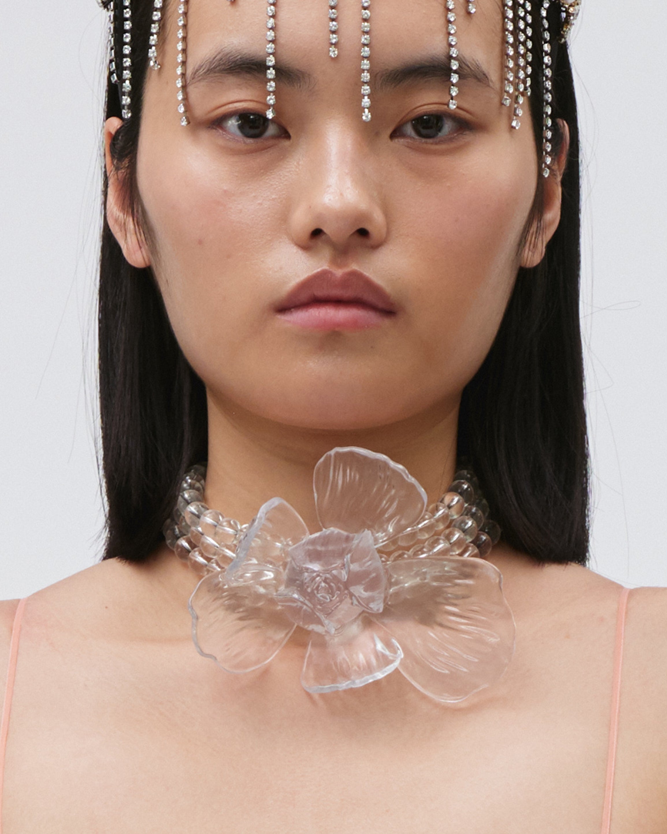 WOMENS GIRLS 3D PRINTED FLOWER BEADED CHOCKER NECKLACE ACCESSORIES CLEAR 