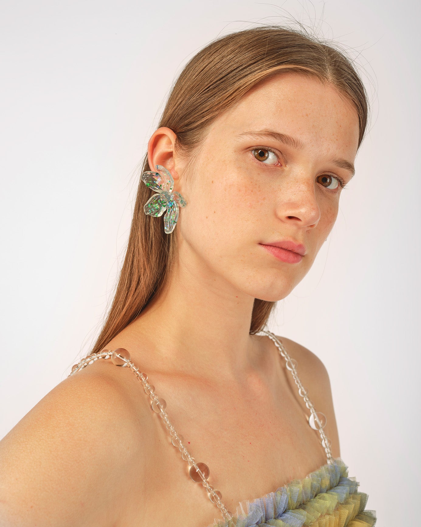 WOMEN GREEN 3D PRINTED SPARKLE FLOWER EARRING WITH SILVER BACK STUD