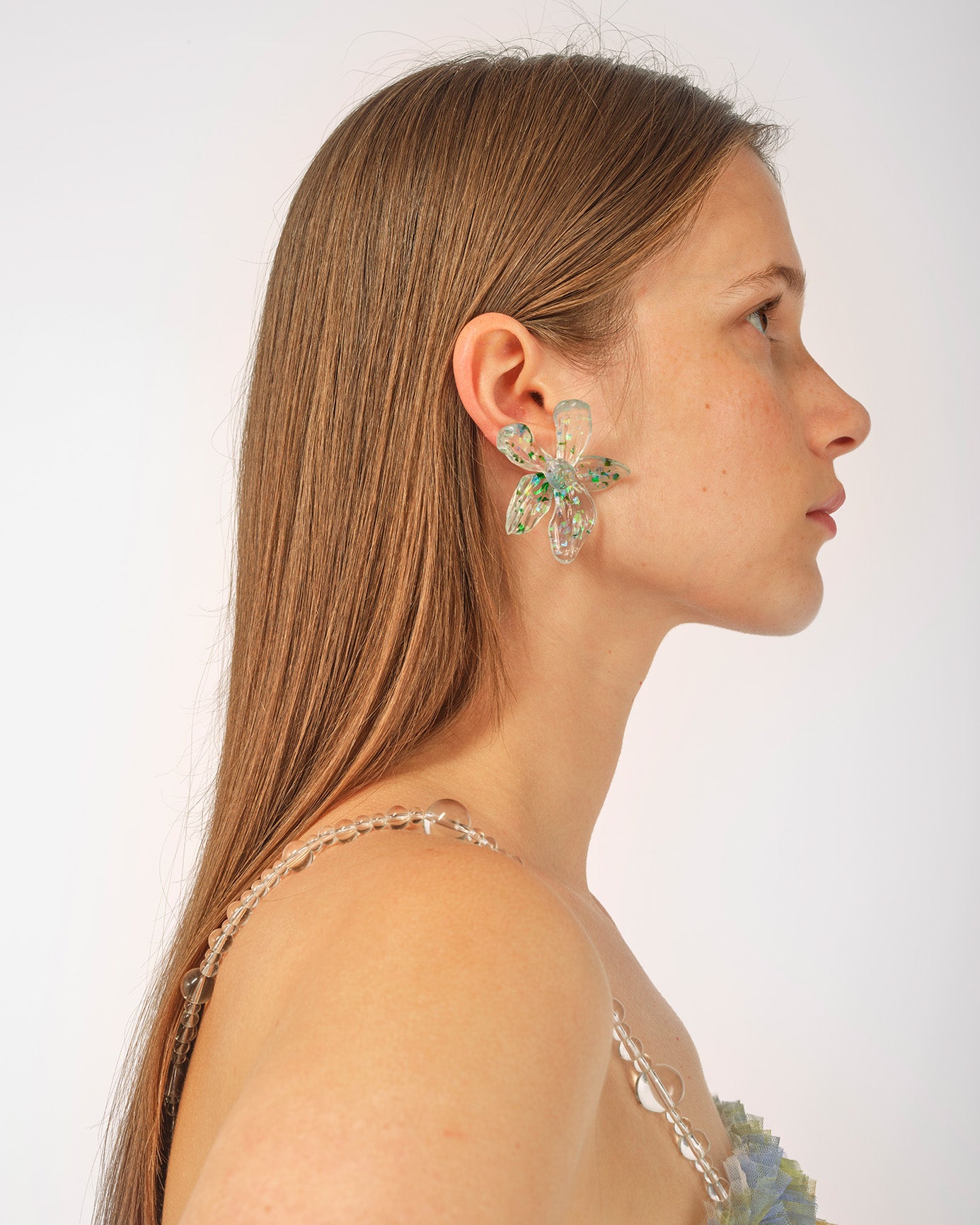 WOMEN GREEN 3D PRINTED SPARKLE FLOWER EARRING WITH SILVER BACK STUD