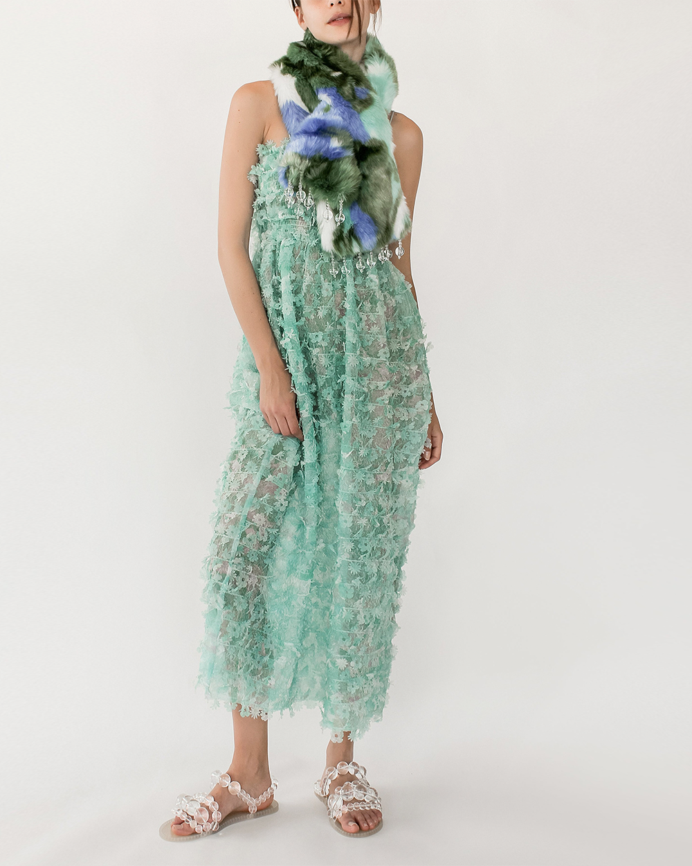 TINY FLOWER MARBLE PRINT SMOCK BODICE DRESS