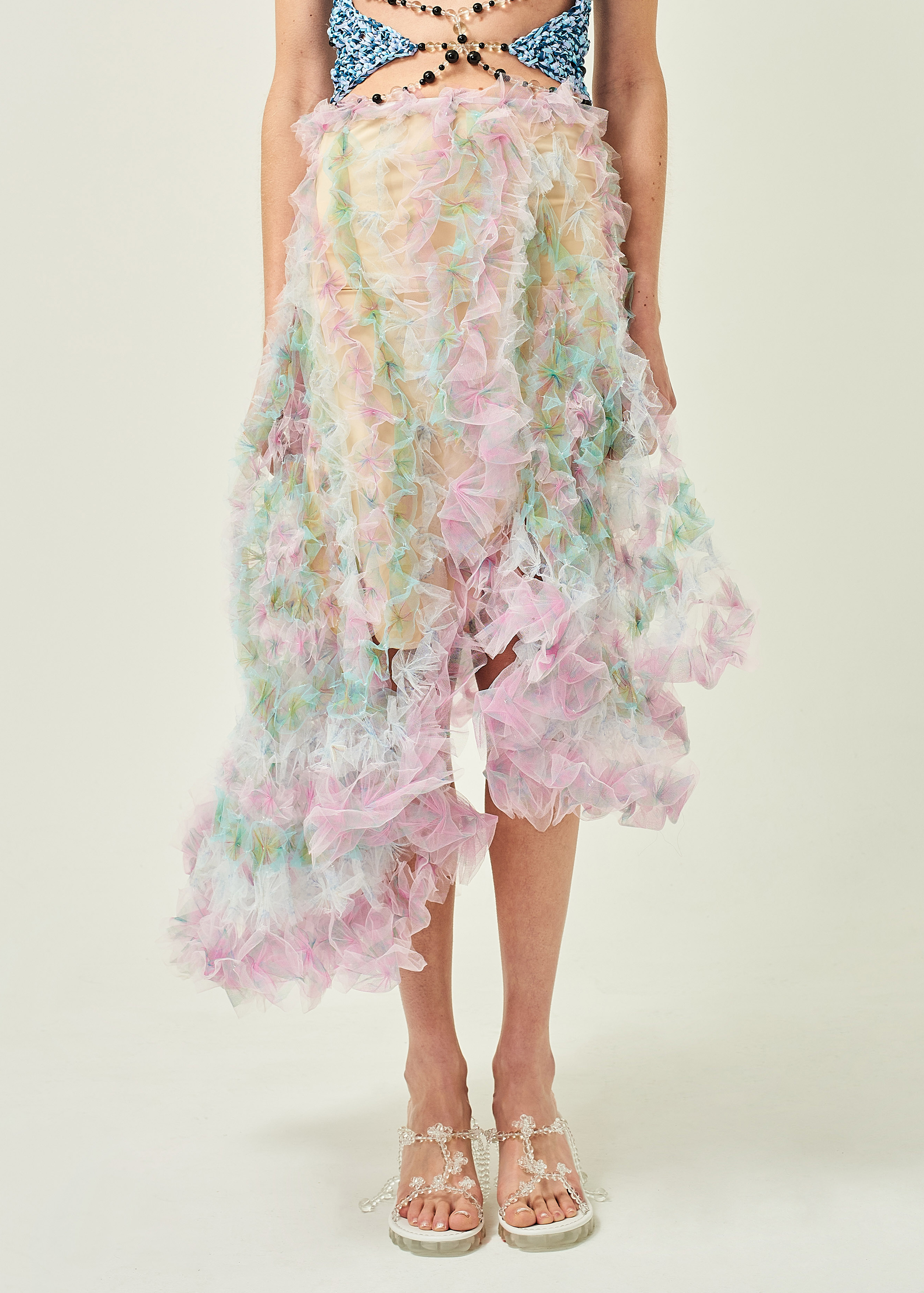 WOMEN PINK PASTEL MIDI AIR FLOWER PETAL SKIRT