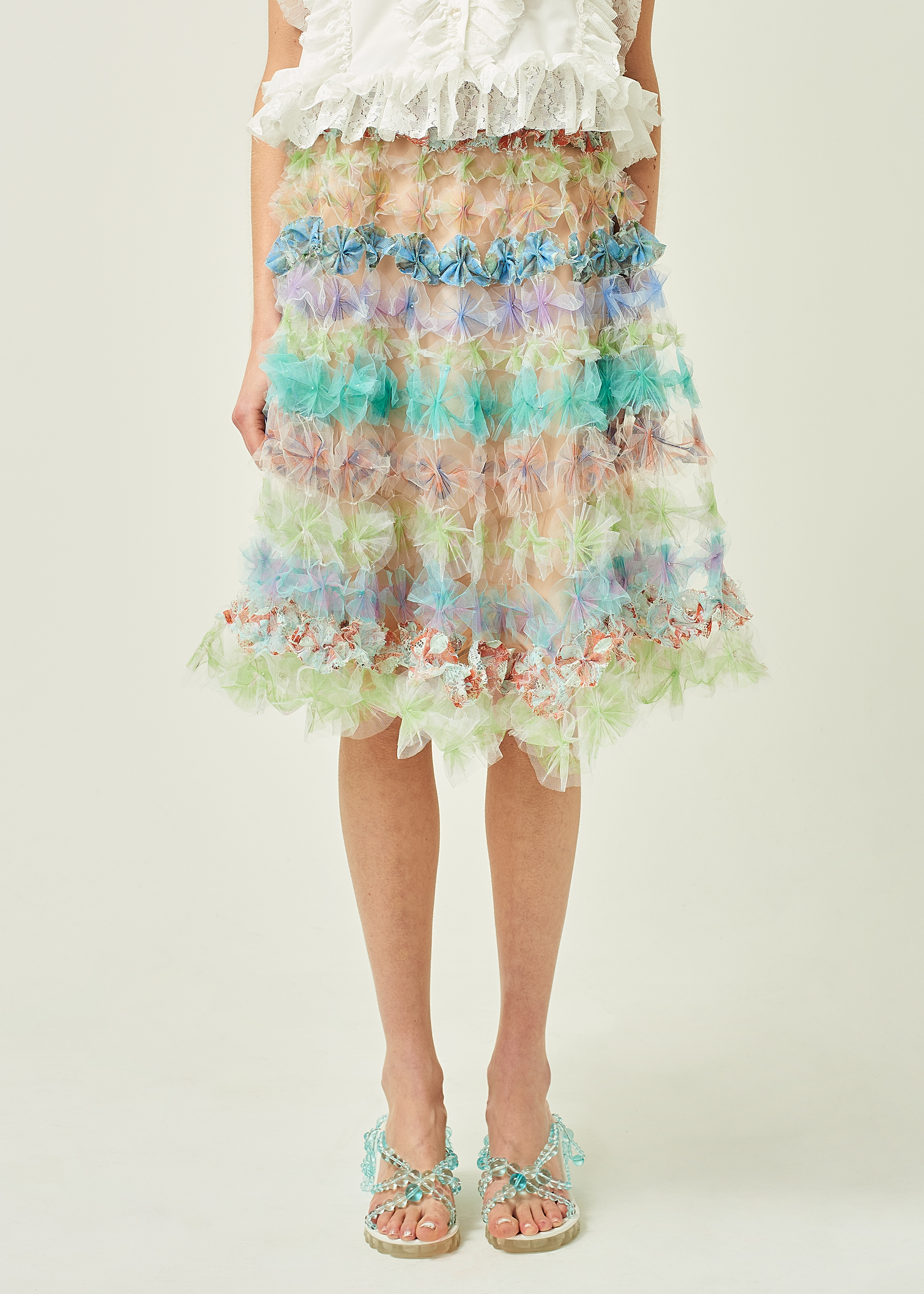 WOMEN MIDI PASTEL GREEN FLOWY AIR FLOWER SKIRT W/ LINING