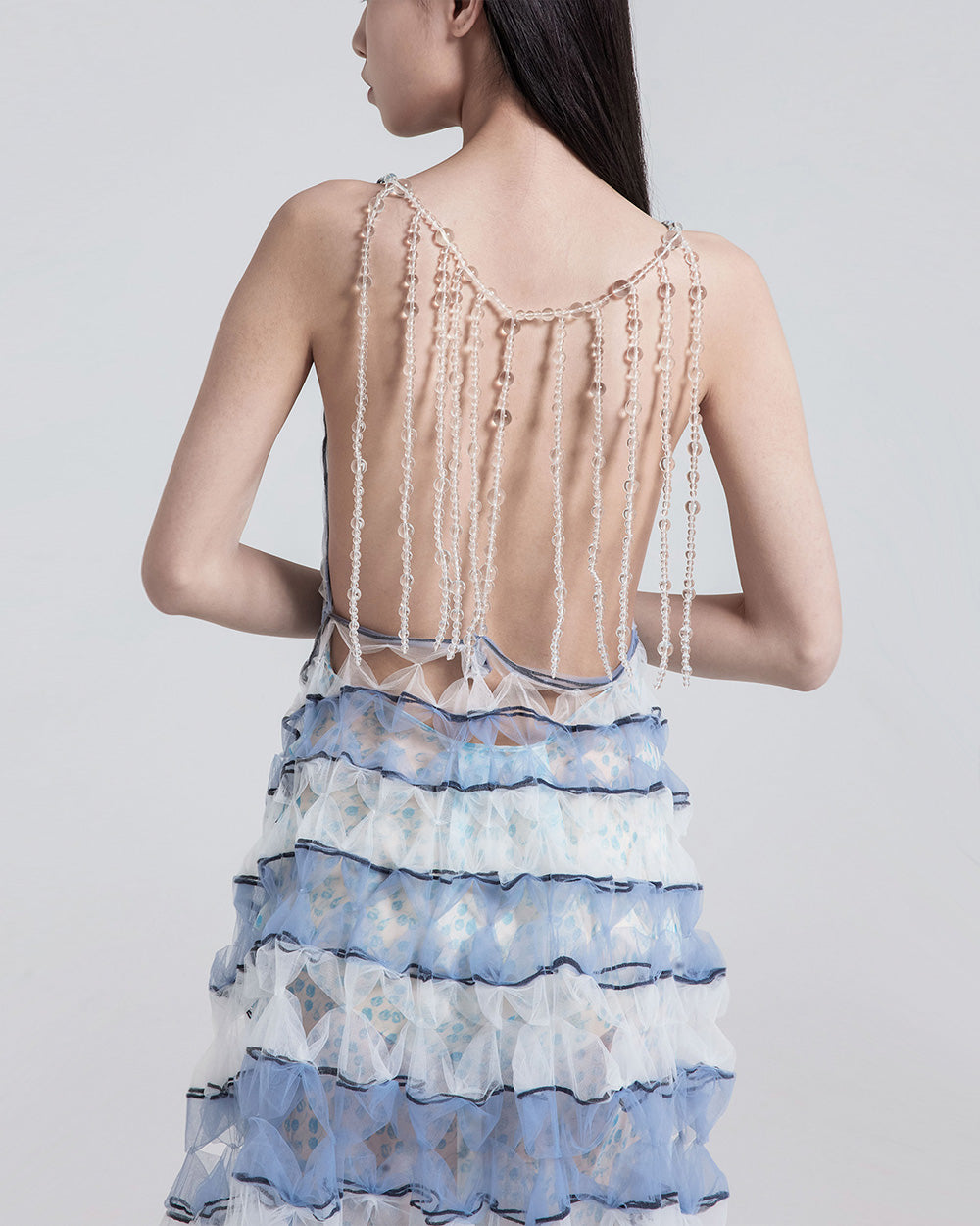 WOMEN GIRL BLUE WHITE SLEEVELESS MAXI AIR RIBBON BACKLESS DRESS