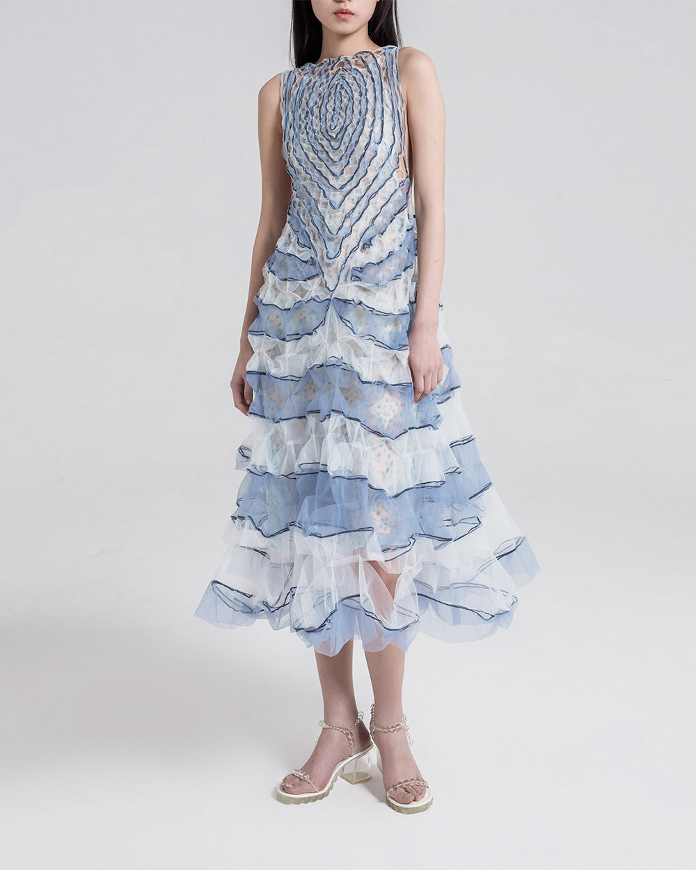 WOMEN GIRL BLUE WHITE SLEEVELESS MAXI AIR RIBBON BACKLESS DRESS