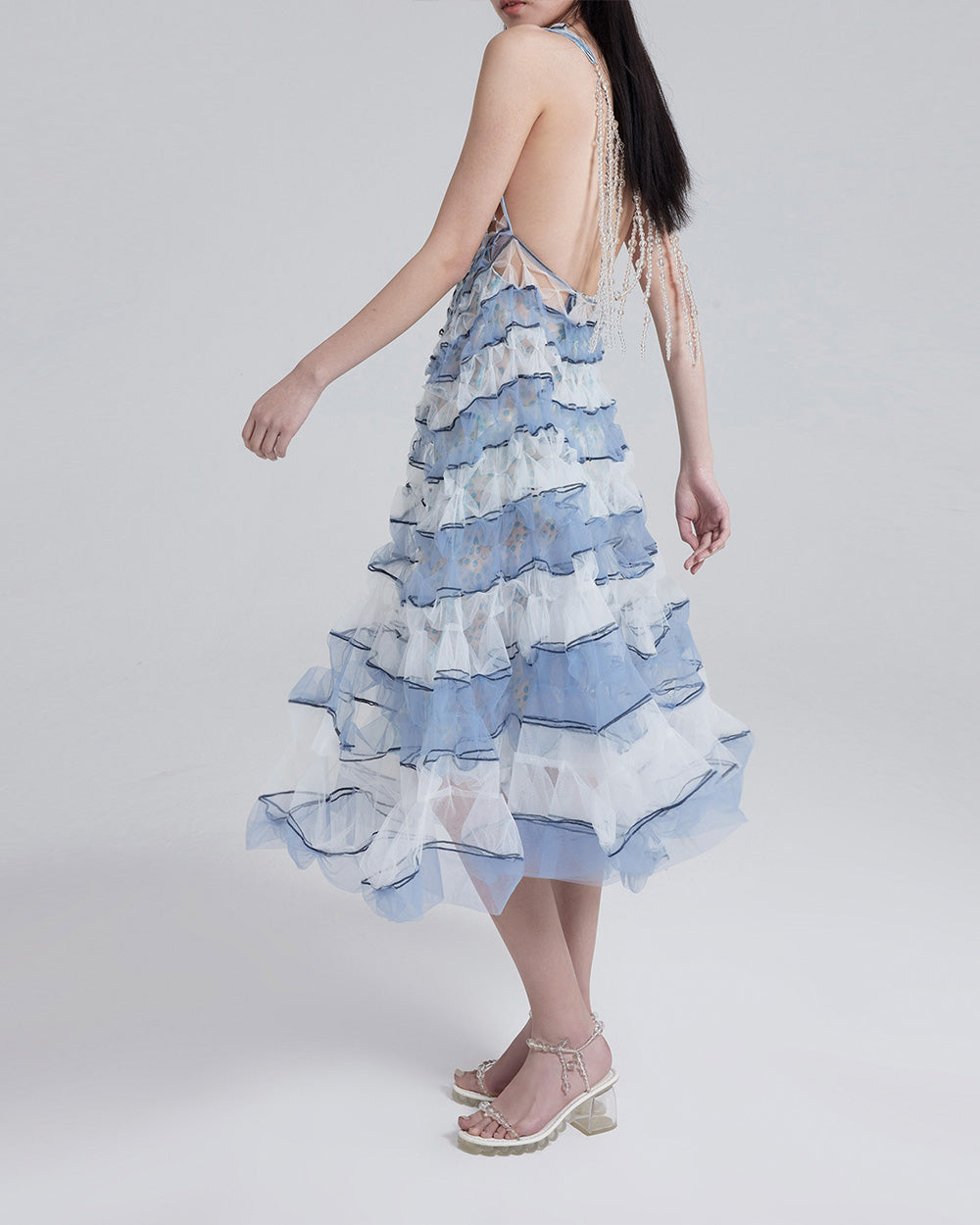 WOMEN GIRL BLUE WHITE SLEEVELESS MAXI AIR RIBBON BACKLESS DRESS
