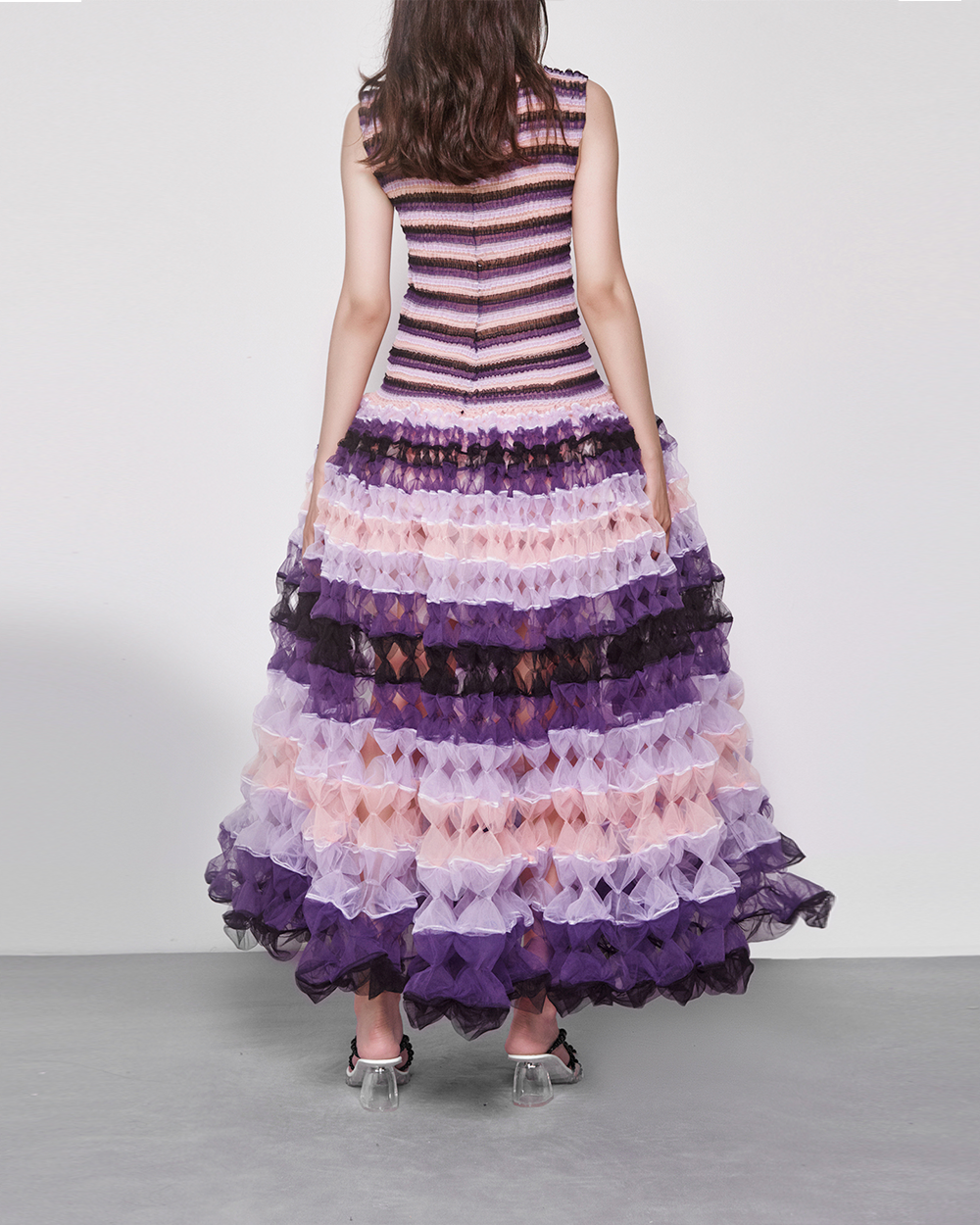 WOMEN GIRL STRAP SLEEVELESS MAXI PURPLE BLACK AIR RIBBON GOWN