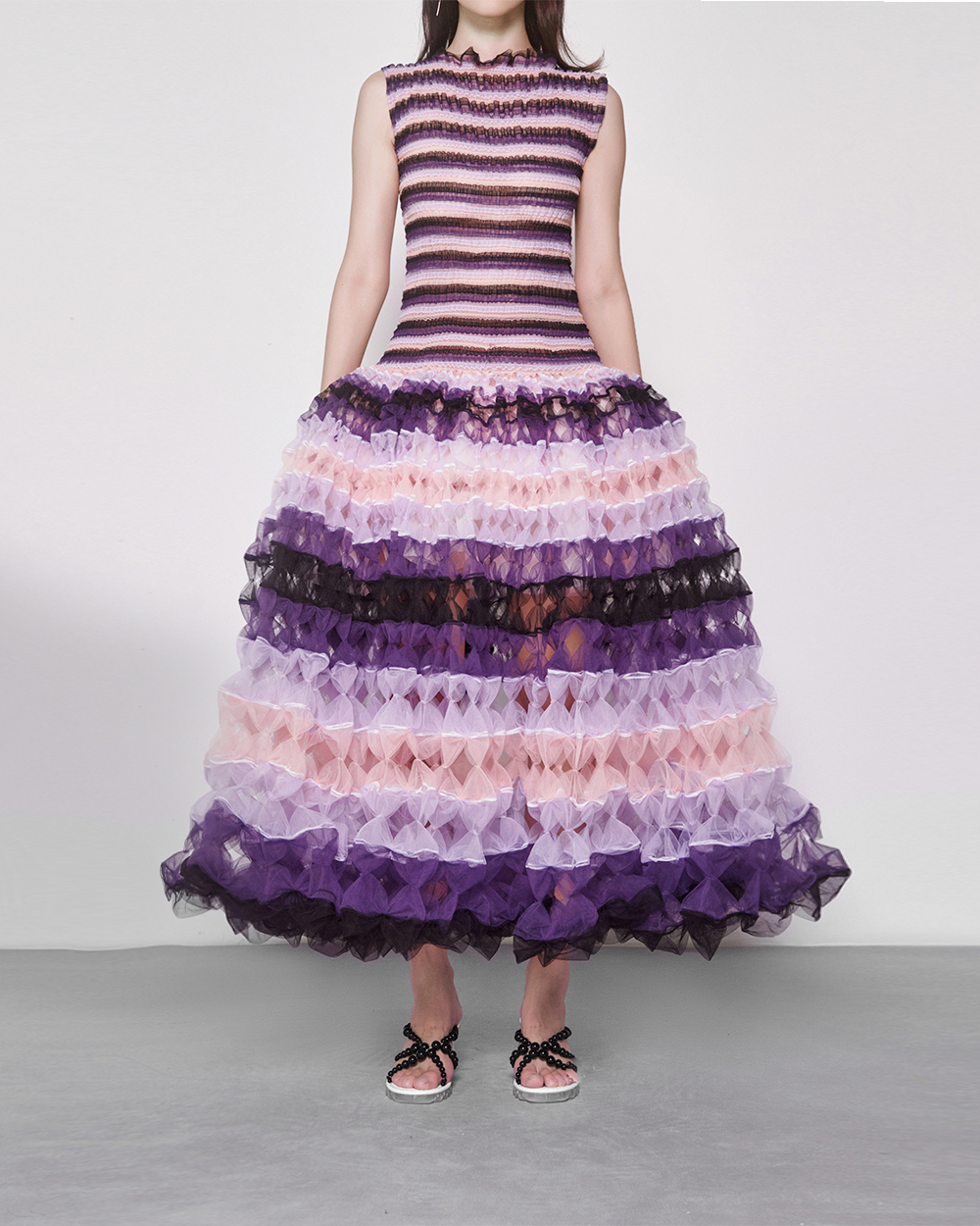 WOMEN GIRL STRAP SLEEVELESS MAXI PURPLE BLACK AIR RIBBON GOWN