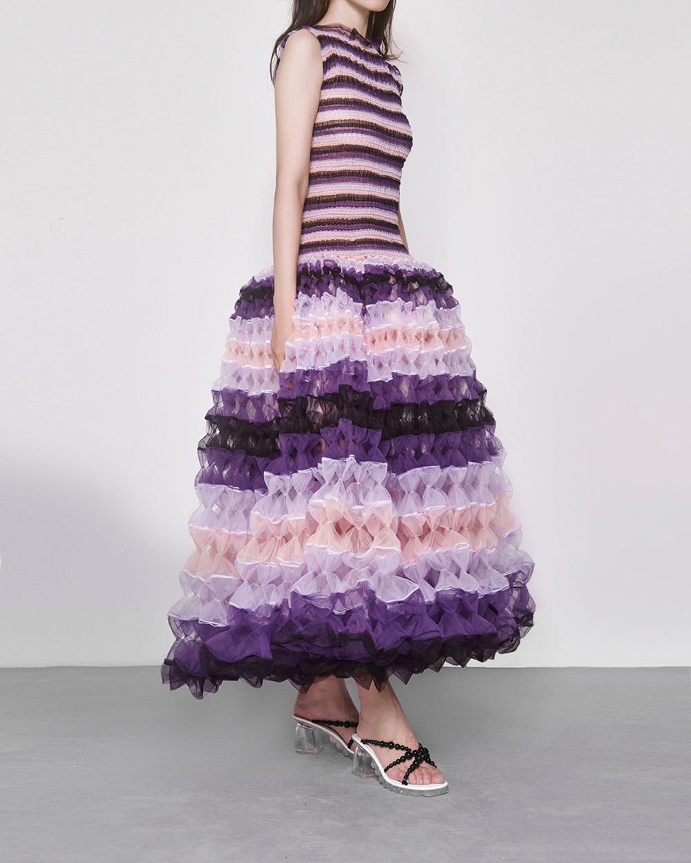 WOMEN GIRL STRAP SLEEVELESS MAXI PURPLE BLACK AIR RIBBON GOWN