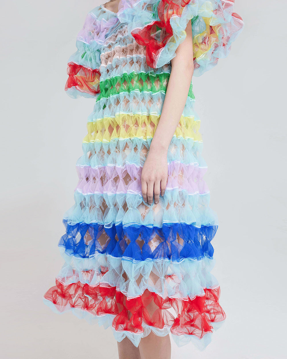 WOMEN GIRL MIDI PUFFY COLOURFUL FLOWY STYLE AIR RIBBON MULTI COLOUR STATEMENT SLEEVE DRESS