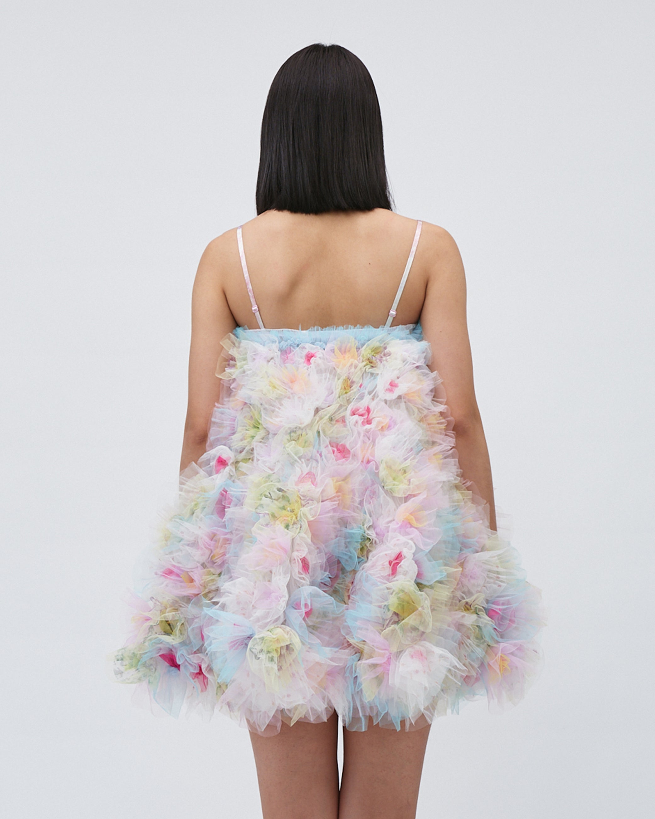 WOMENS BANDEAU MINI DRESS PINK SLEEVELESS AIR-FLOWERS TULLE DRESS EVENING DRESS