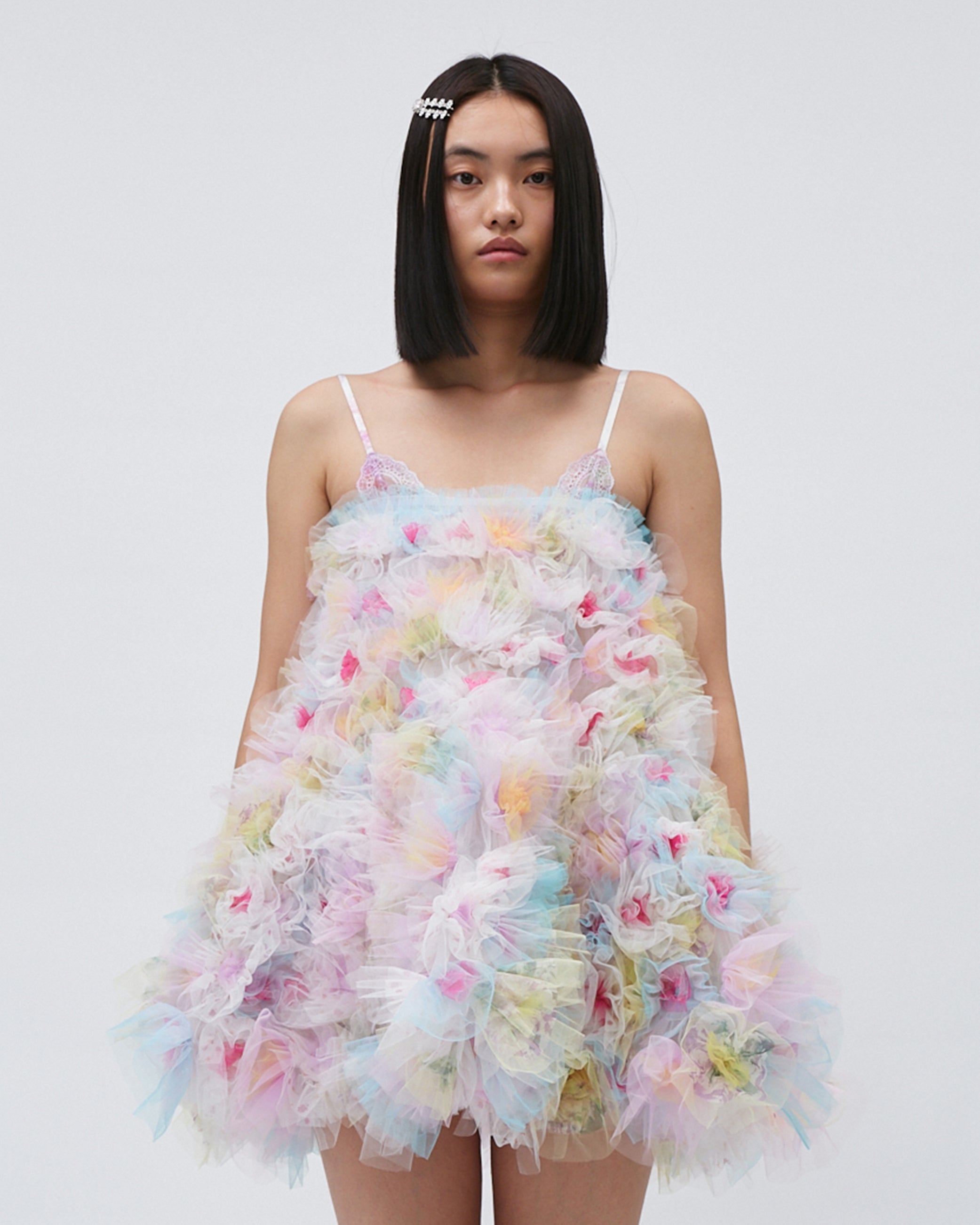 WOMENS BANDEAU MINI DRESS PINK SLEEVELESS AIR-FLOWERS TULLE DRESS EVENING DRESS