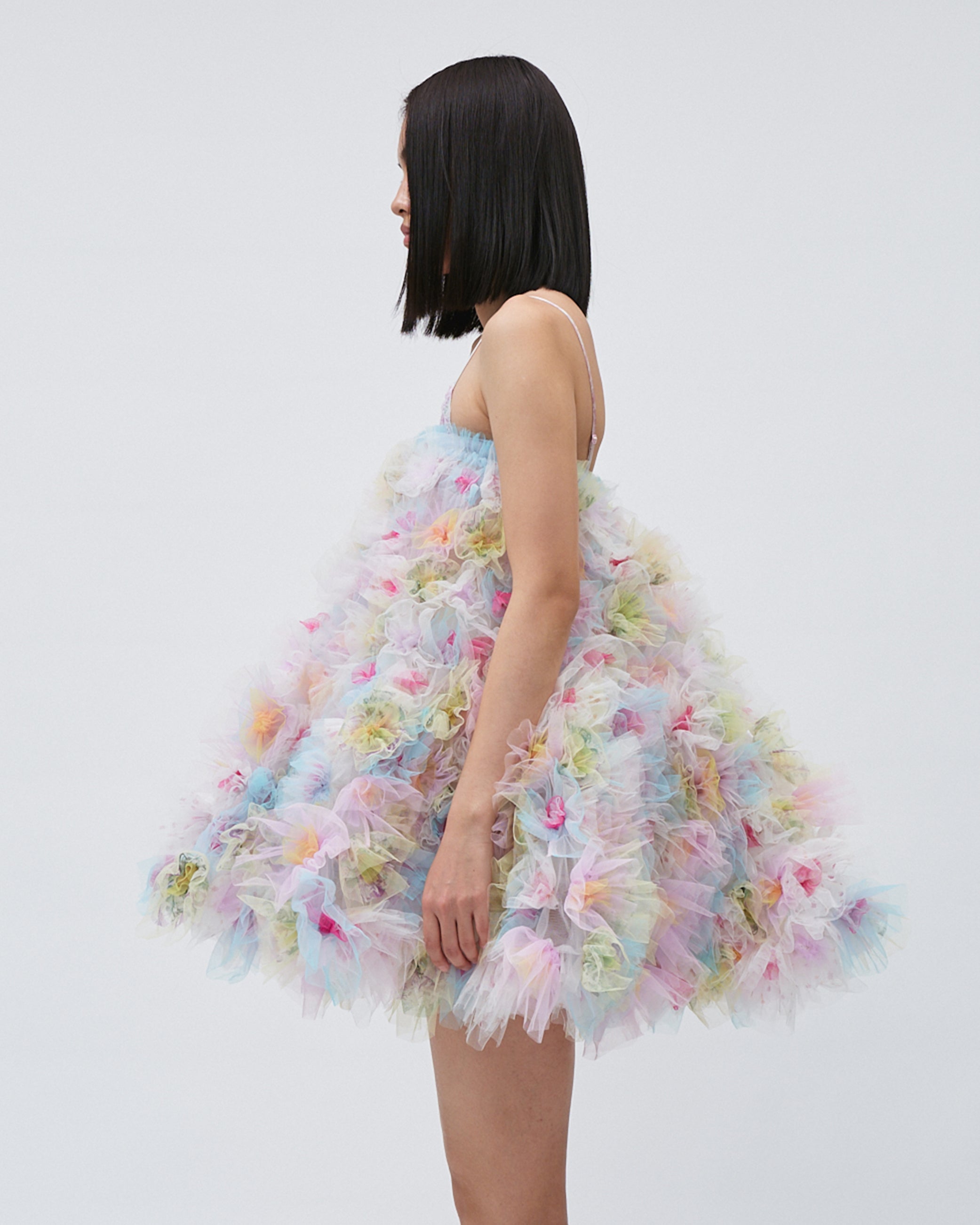 WOMENS BANDEAU MINI DRESS PINK SLEEVELESS AIR-FLOWERS TULLE DRESS EVENING DRESS