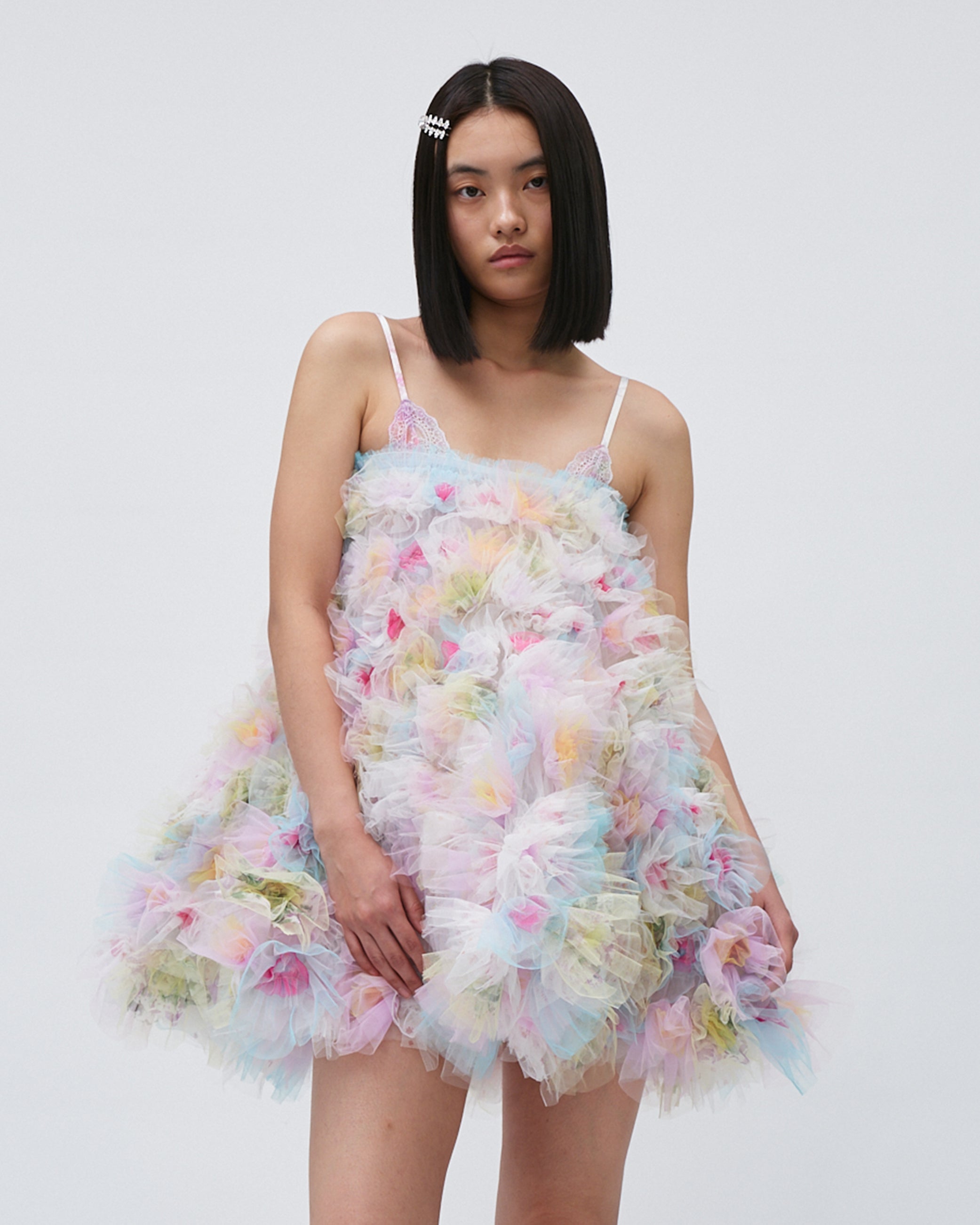 WOMENS BANDEAU MINI DRESS PINK SLEEVELESS AIR-FLOWERS TULLE DRESS EVENING DRESS