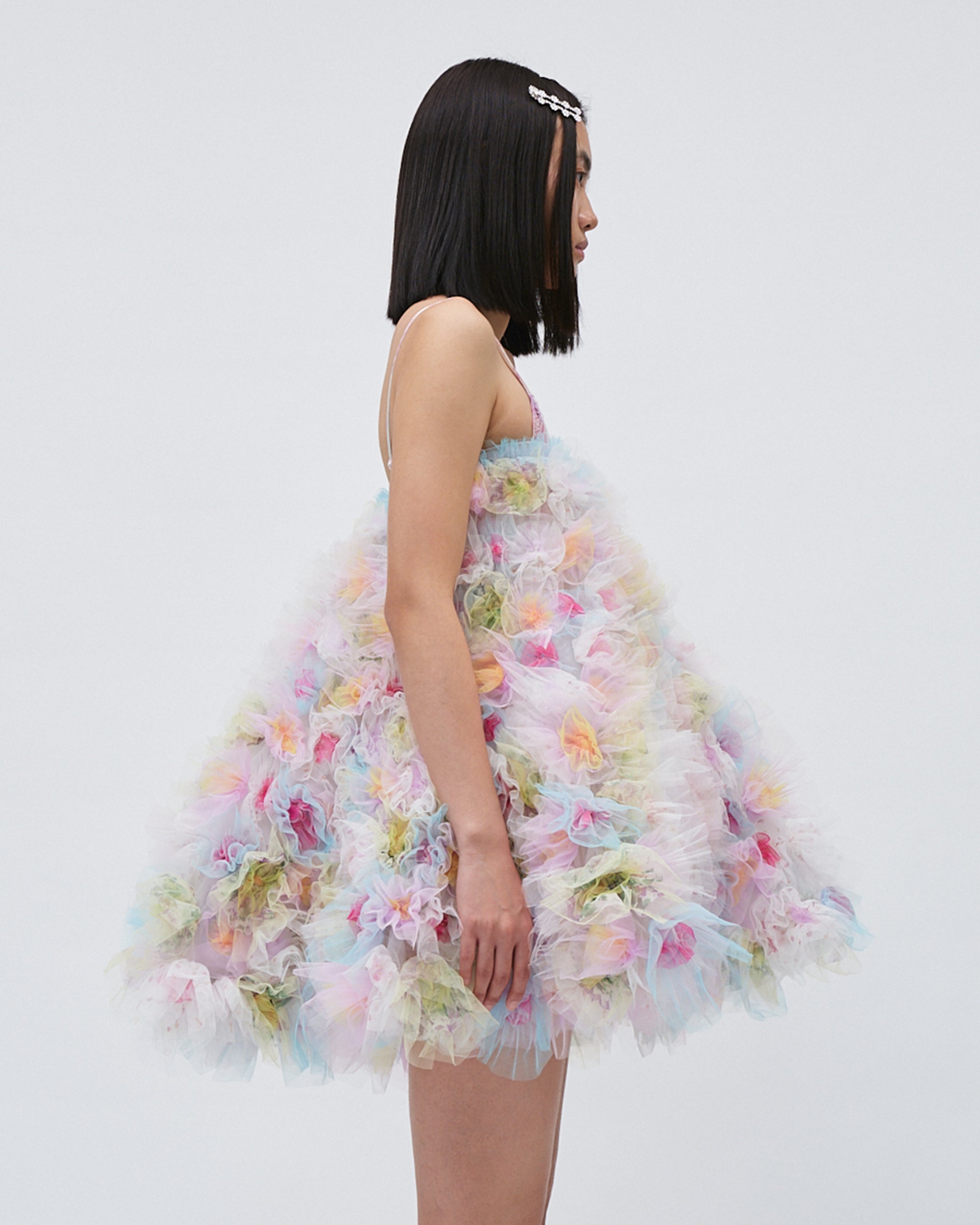 WOMENS BANDEAU MINI DRESS PINK SLEEVELESS AIR-FLOWERS TULLE DRESS EVENING DRESS