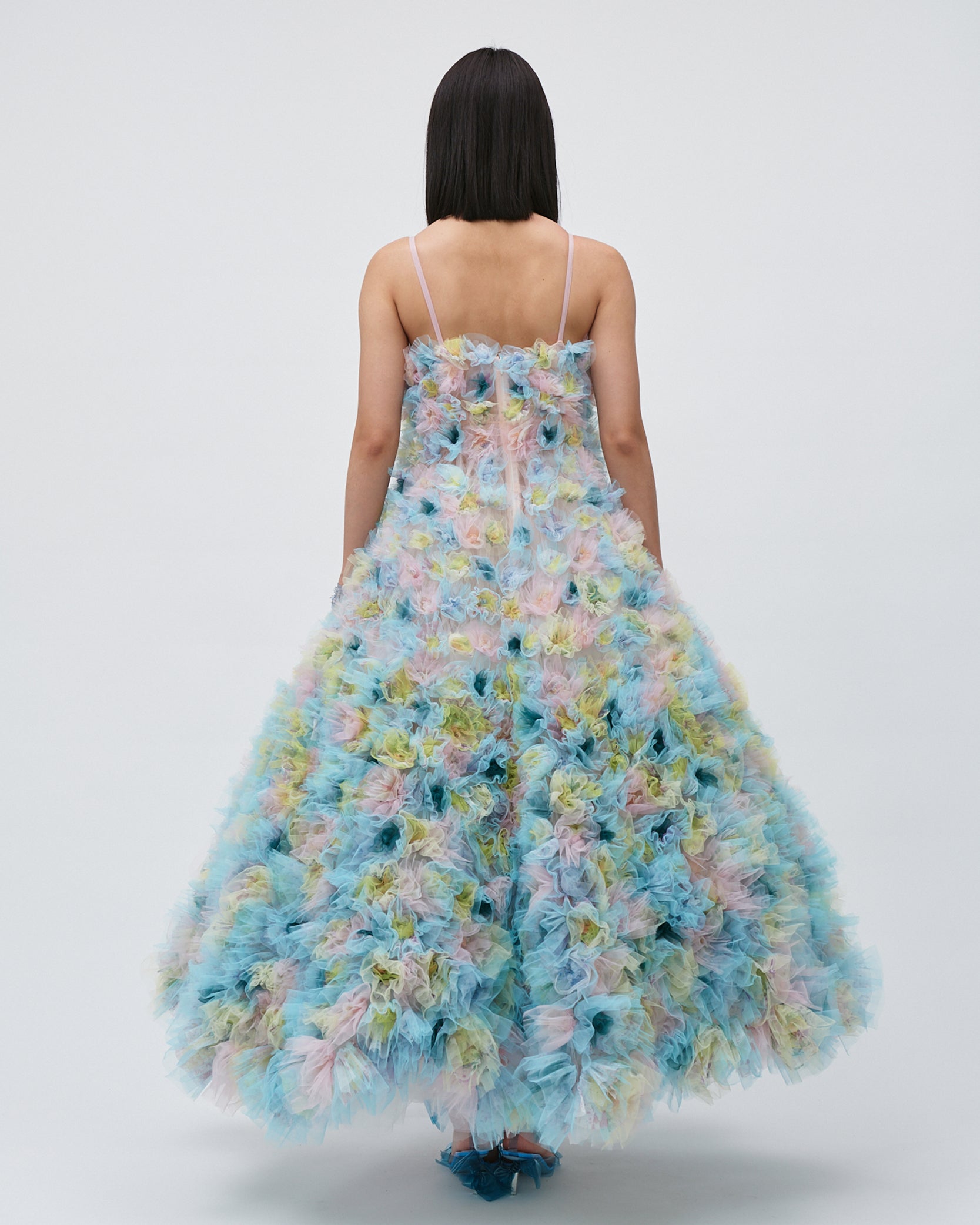 WOMENS MAXI BRIDAL GOWN V-NECK DRESS AIR FLOWERS TULLE WEDDING DRESS EVENING WEAR BLUE AND PINK 