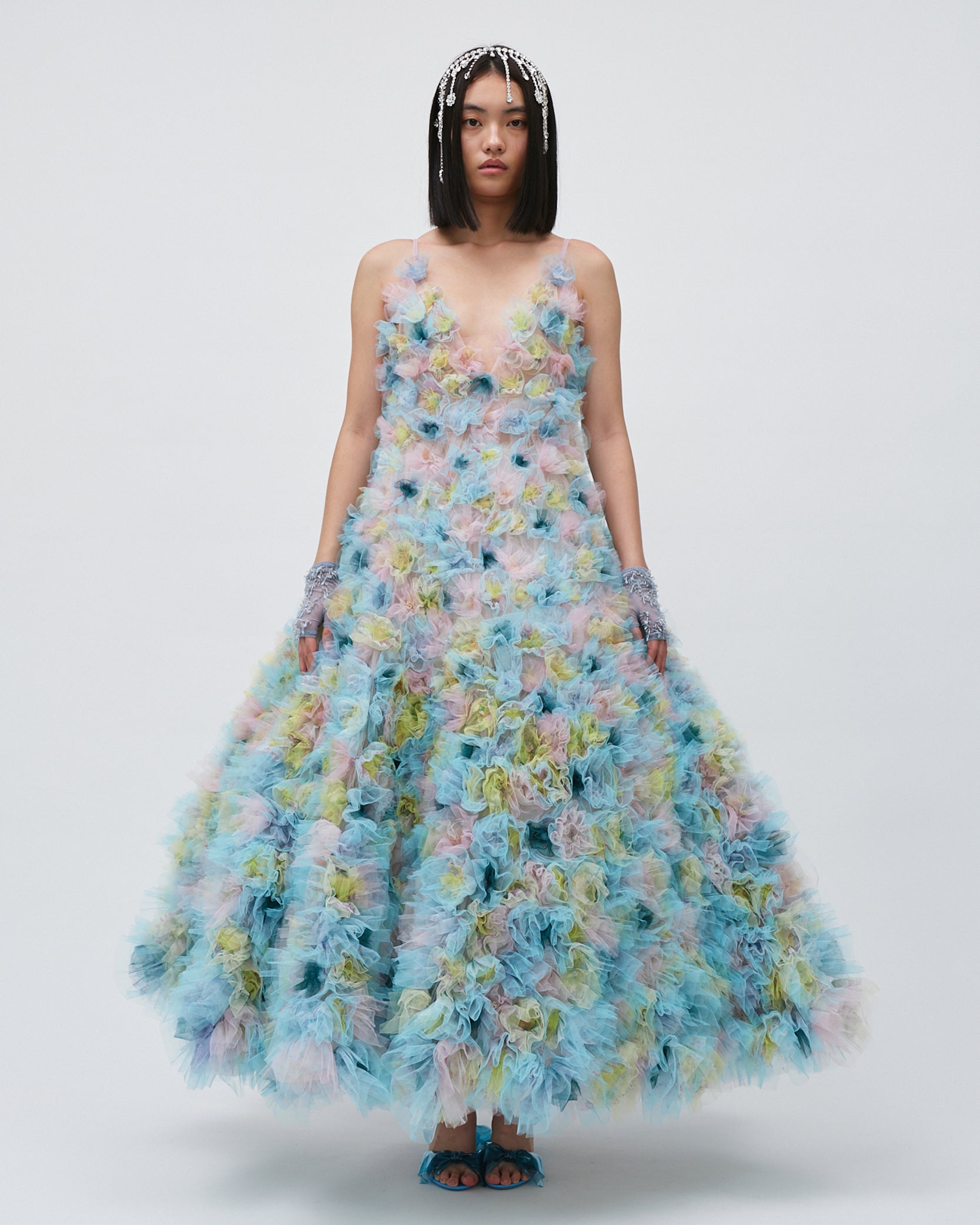 WOMENS MAXI BRIDAL GOWN V-NECK DRESS AIR FLOWERS TULLE WEDDING DRESS EVENING WEAR BLUE AND PINK 