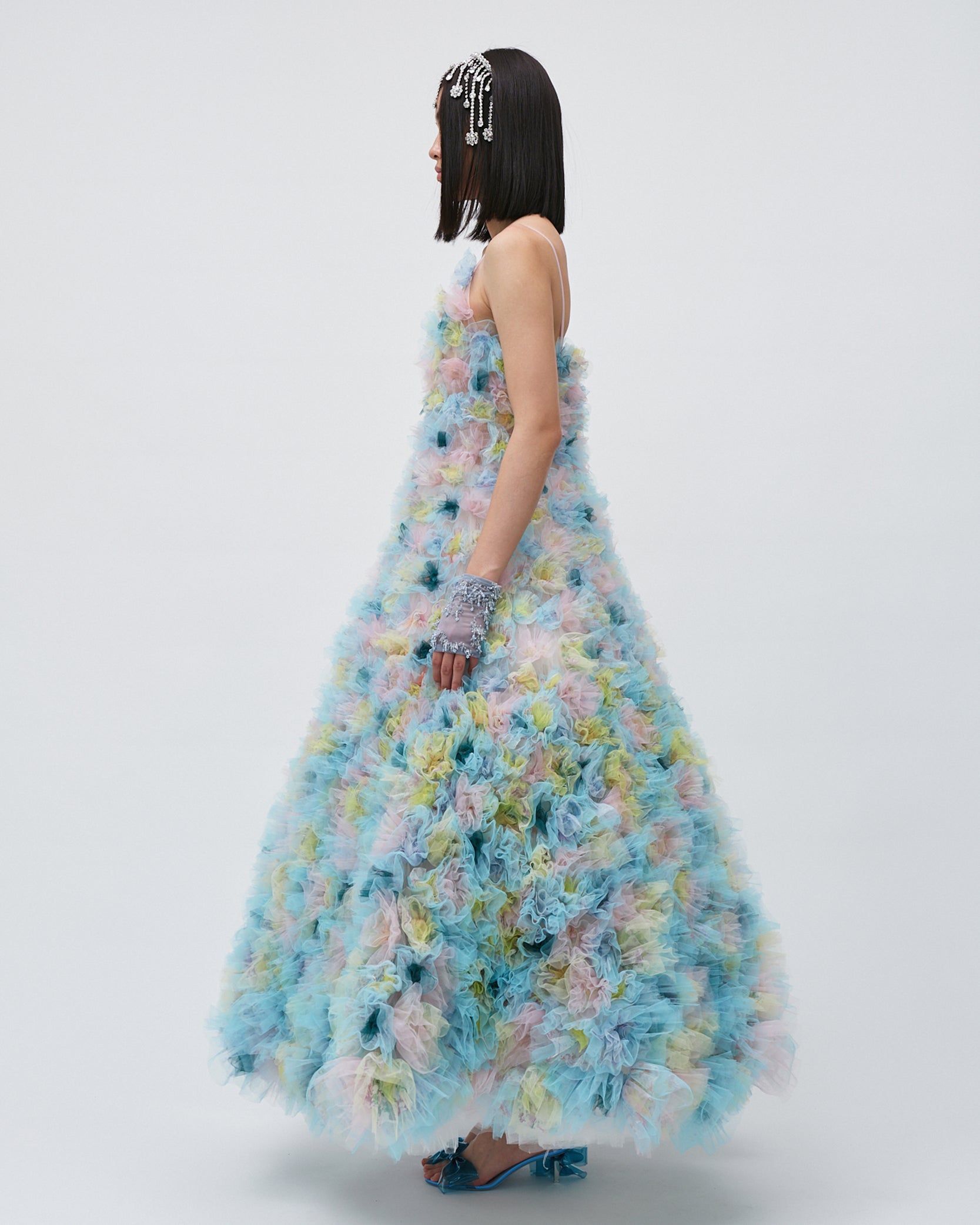 WOMENS MAXI BRIDAL GOWN V-NECK DRESS AIR FLOWERS TULLE WEDDING DRESS EVENING WEAR BLUE AND PINK 