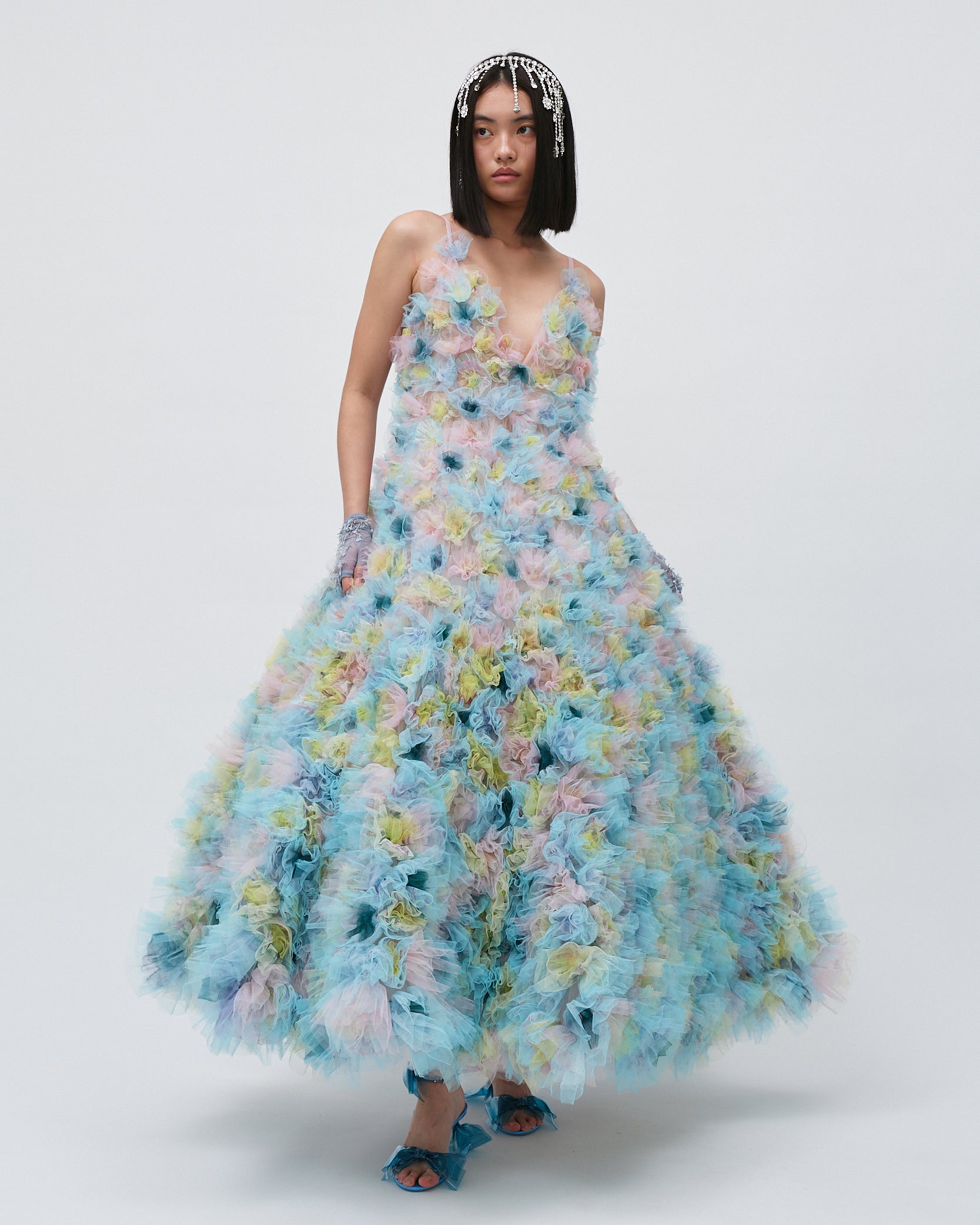 WOMENS MAXI BRIDAL GOWN V-NECK DRESS AIR FLOWERS TULLE WEDDING DRESS EVENING WEAR BLUE AND PINK 