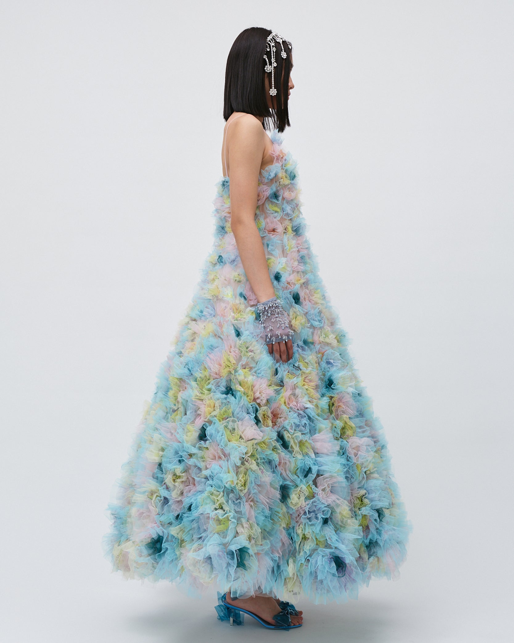 WOMENS MAXI BRIDAL GOWN V-NECK DRESS AIR FLOWERS TULLE WEDDING DRESS EVENING WEAR BLUE AND PINK 