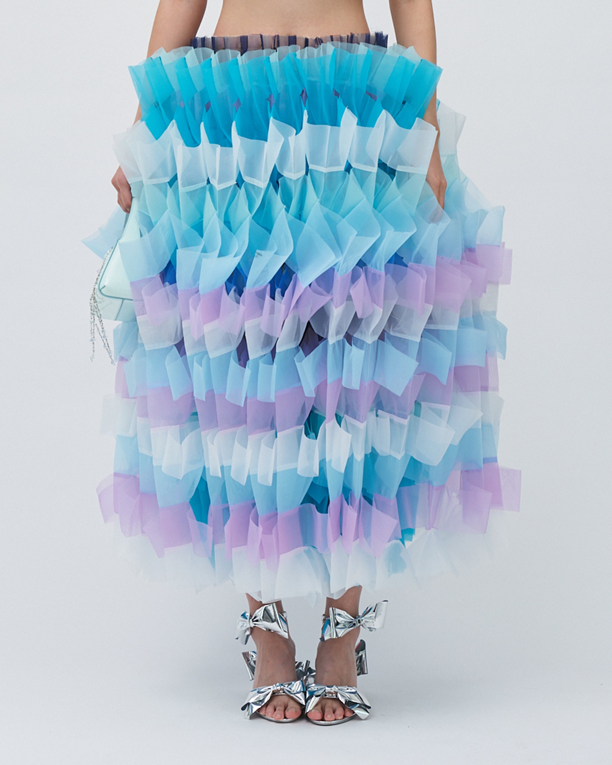 WOMENS PLEATED LAYERED MAXI SKIRT BRIDAL WEDDING EVENING WEAR IN PASTEL PALETTE PURPLE BLUE