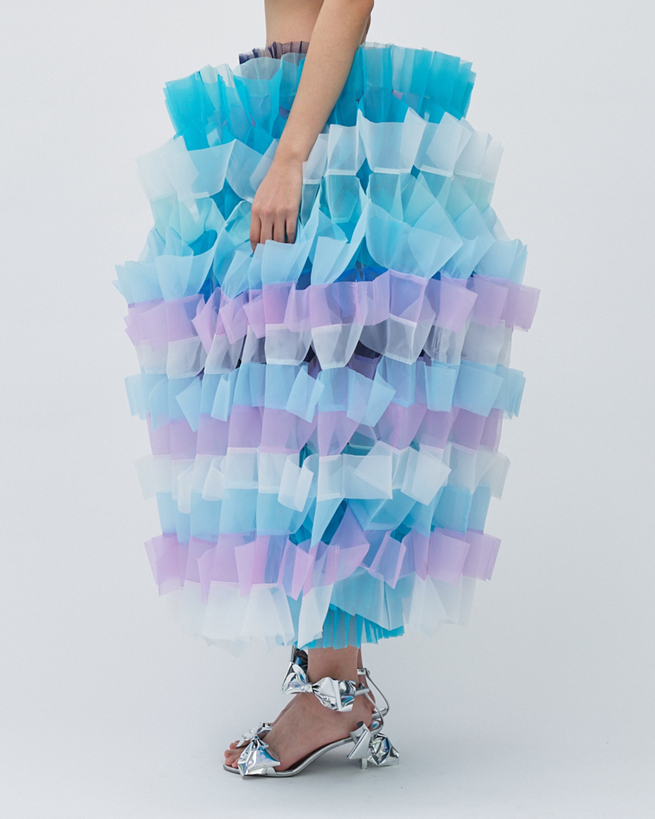 WOMENS PLEATED LAYERED MAXI SKIRT BRIDAL WEDDING EVENING WEAR IN PASTEL PALETTE PURPLE BLUE