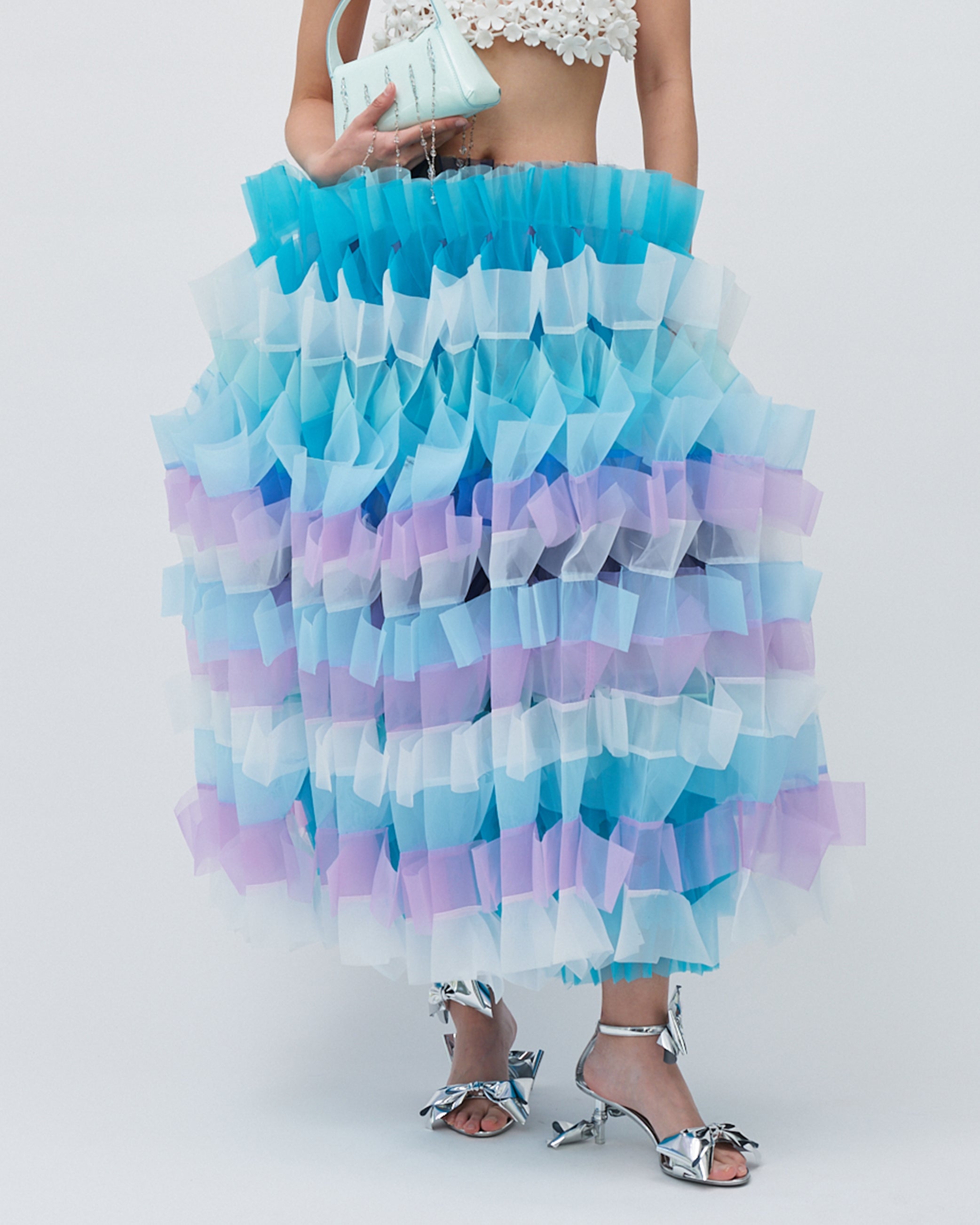 WOMENS PLEATED LAYERED MAXI SKIRT BRIDAL WEDDING EVENING WEAR IN PASTEL PALETTE PURPLE BLUE