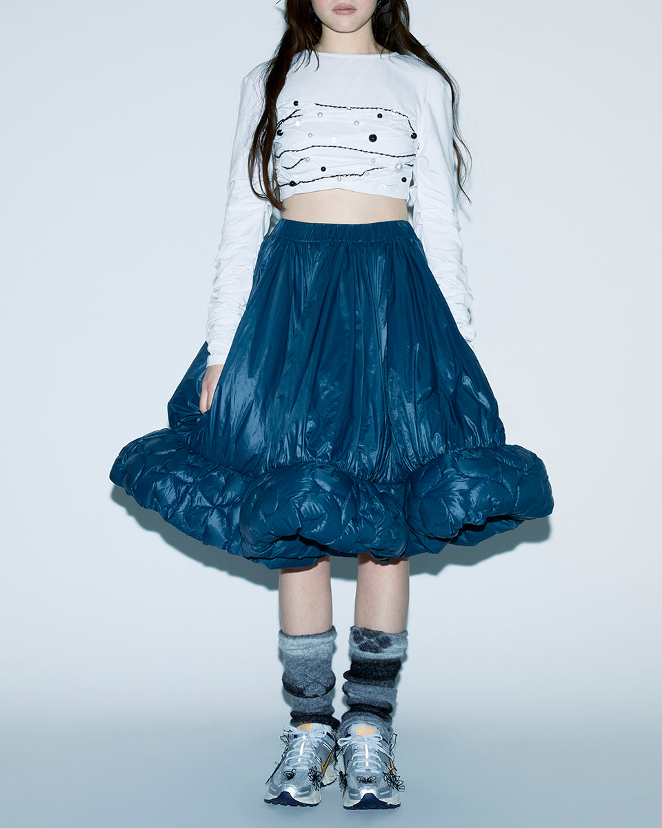 BEADED HIGH-WAIST LENGTH HAND-SEWN STITCHES WITH BEADING DETAILS GATHERED LONG-SLEEVE STRETCHY FABRIC TOP