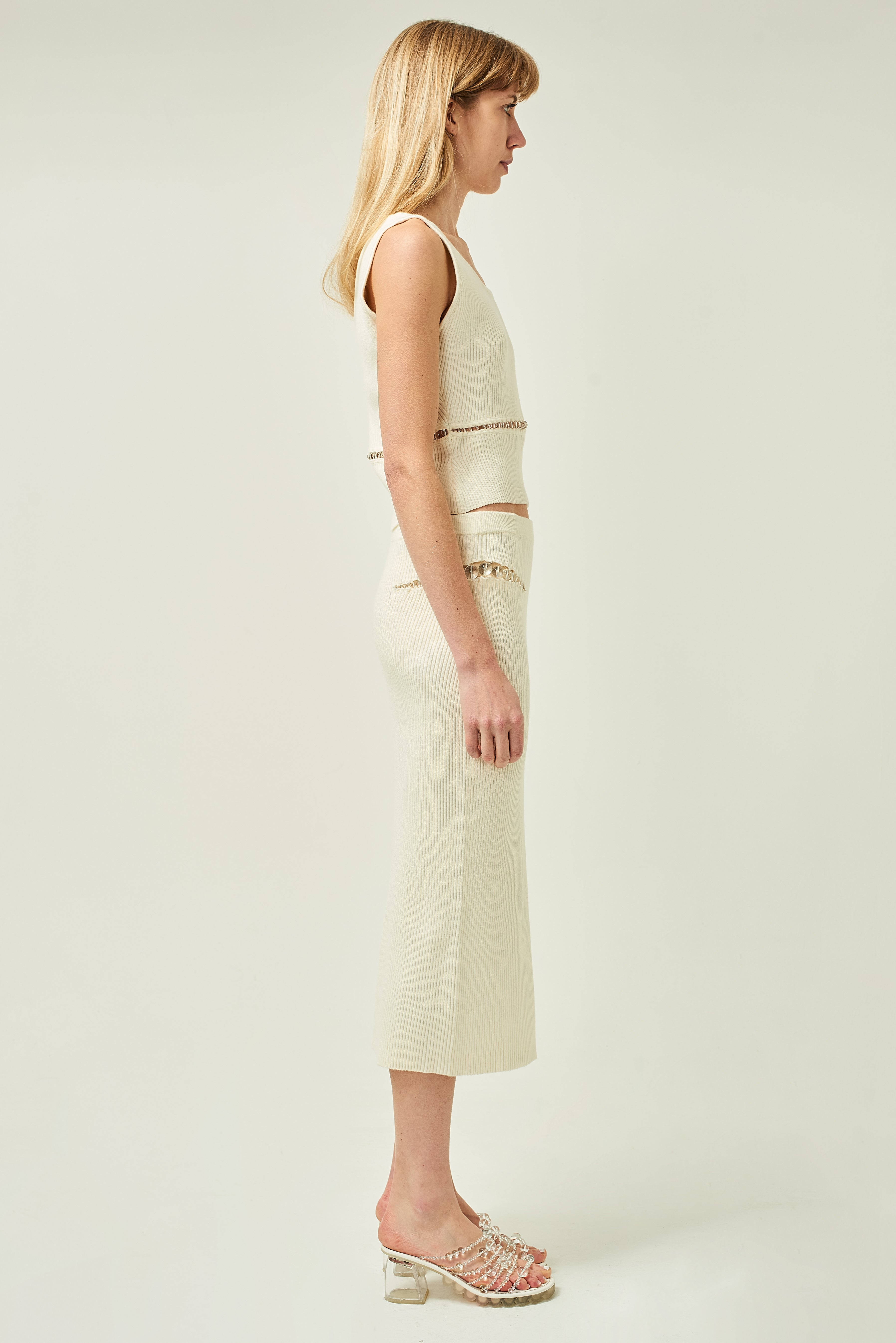 WOMEN MIDI WHITE CLEAR STYLE BEADED MINI SKIRT
