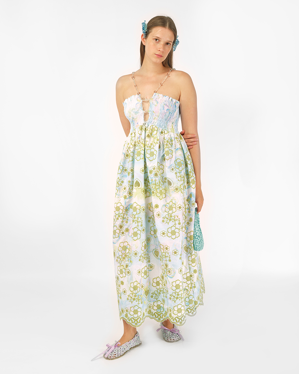 BLUE BRODERIE ANGLAISE BEADED SMOCKED WOMEN MIDI LONG SLEEVELESS DRESS WEDDING BRIDAL
