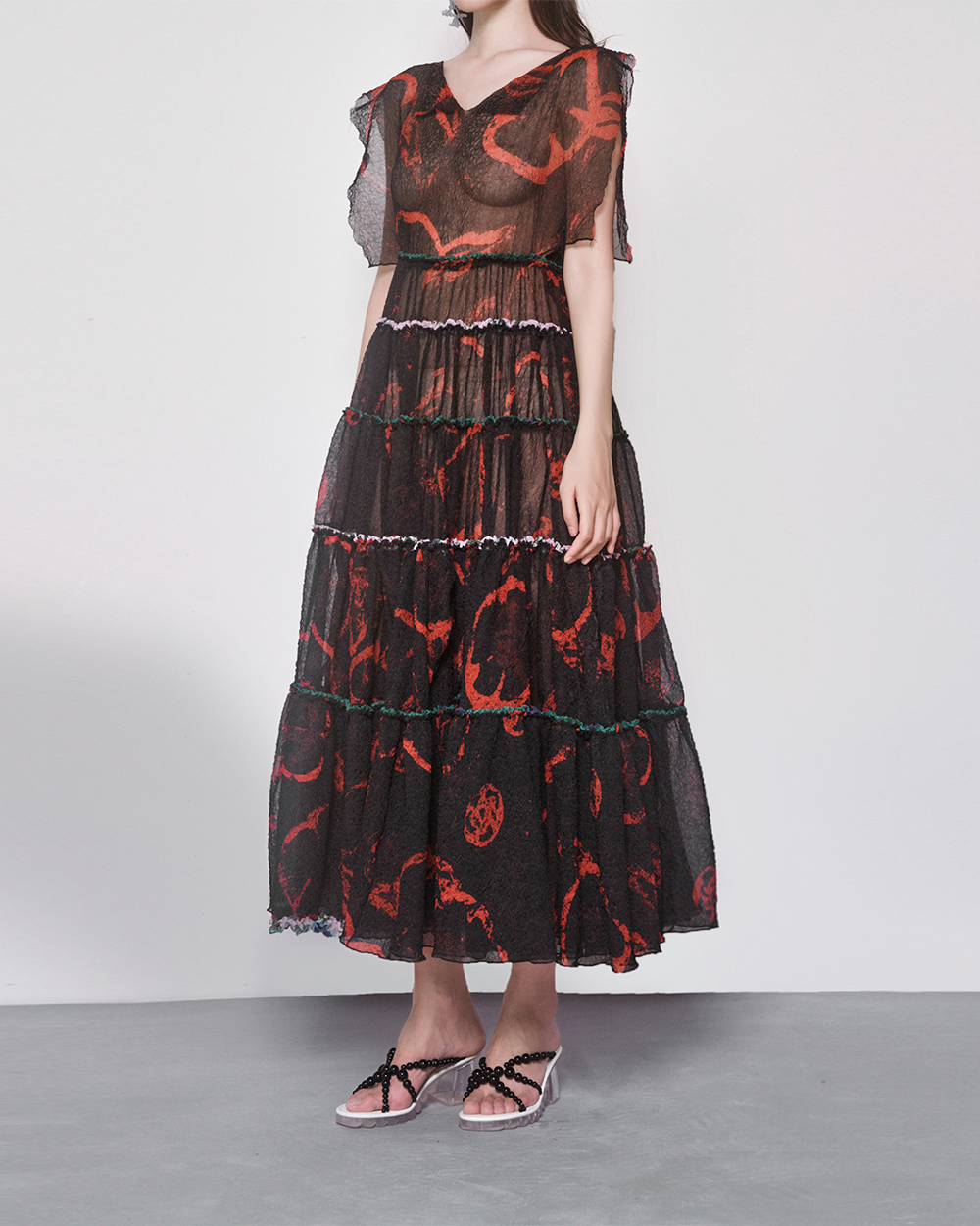 WOMEN GIRL SLEEVELESS MAXI STYLE BLACK RED PRINT DRESS