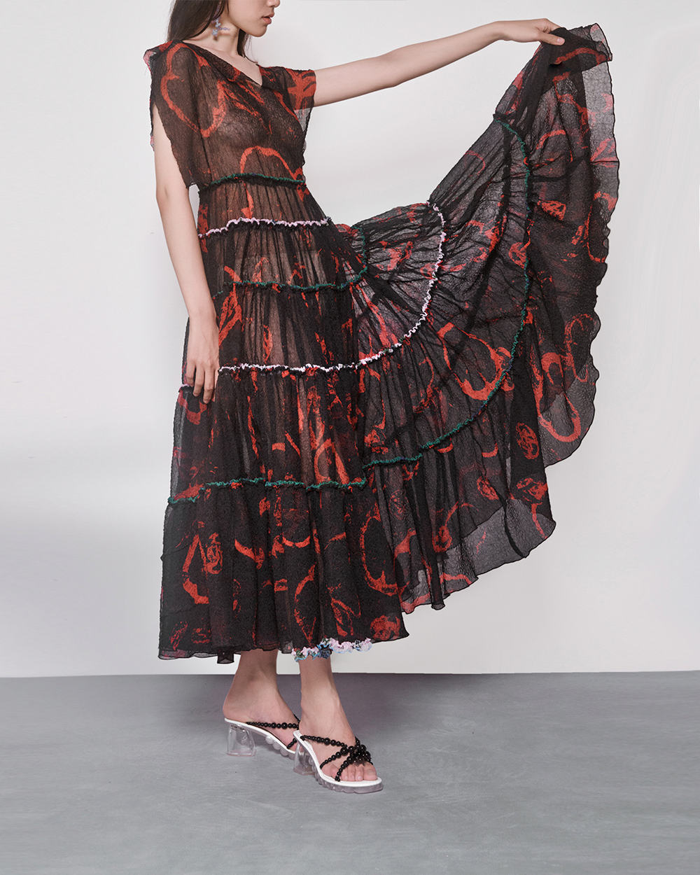 WOMEN GIRL SLEEVELESS MAXI STYLE BLACK RED PRINT DRESS