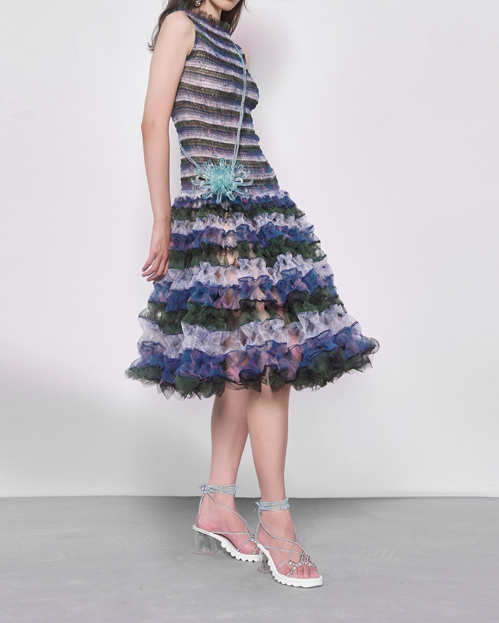 WOMEN GIRL SLEEVELESS MIDI STYLE STRIPED BLUE FIT AND FLARE AIR RIBBON DRESS