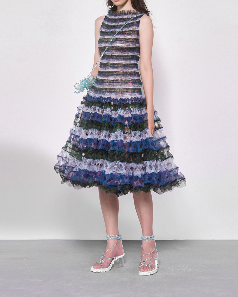 WOMEN GIRL SLEEVELESS MIDI STYLE STRIPED BLUE FIT AND FLARE AIR RIBBON DRESS