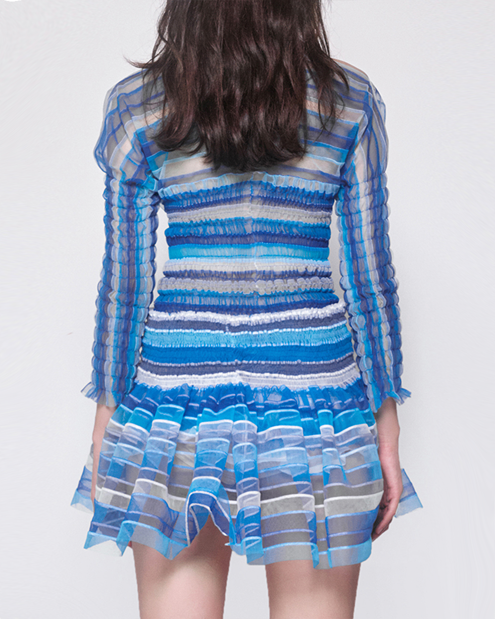 WOMEN GIRL LONG SLEEVE STYLE BLUE SHIRRED PRINT TOP